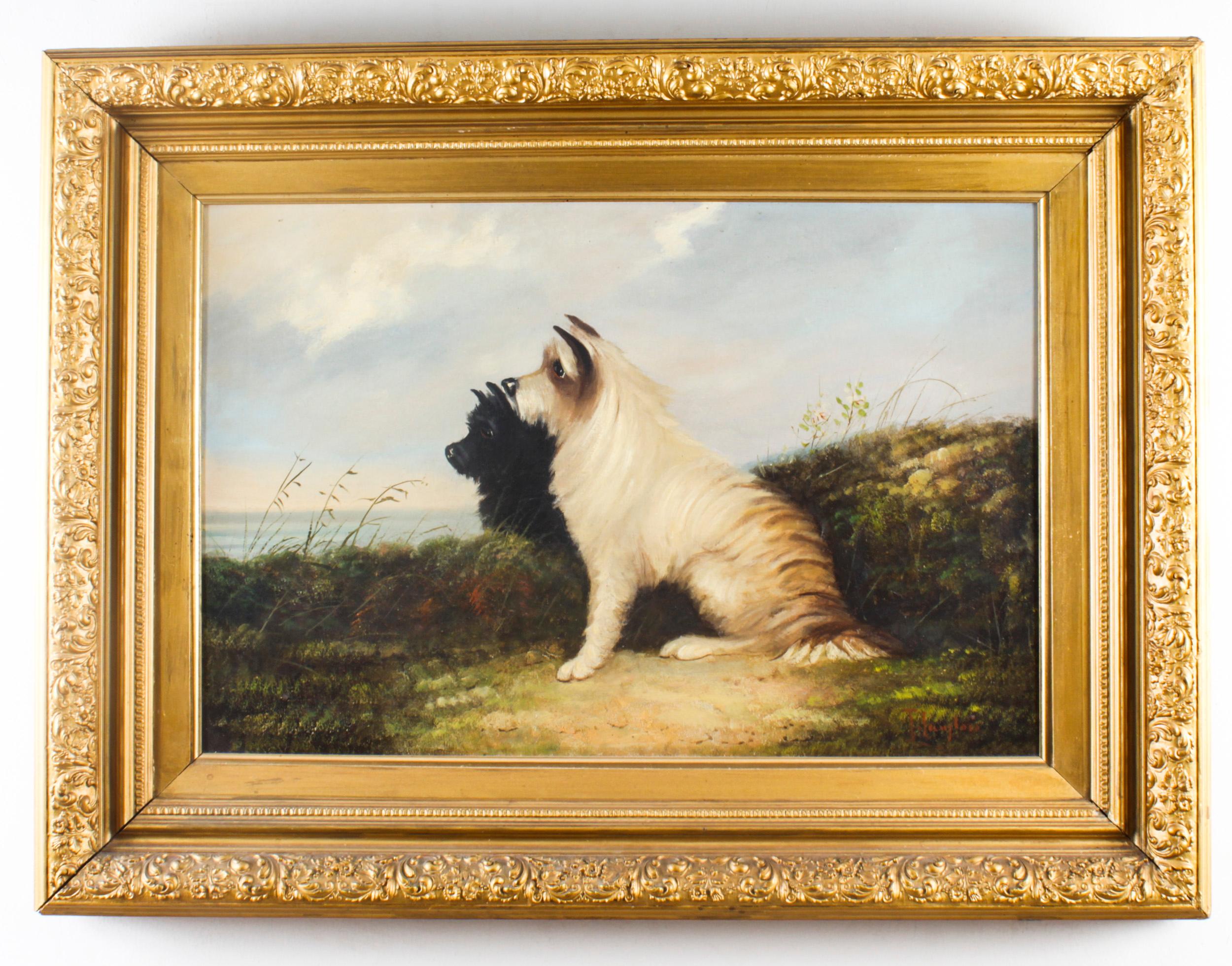 Antique Oil Painting Two Terriers by J. Langlois 19th C 4