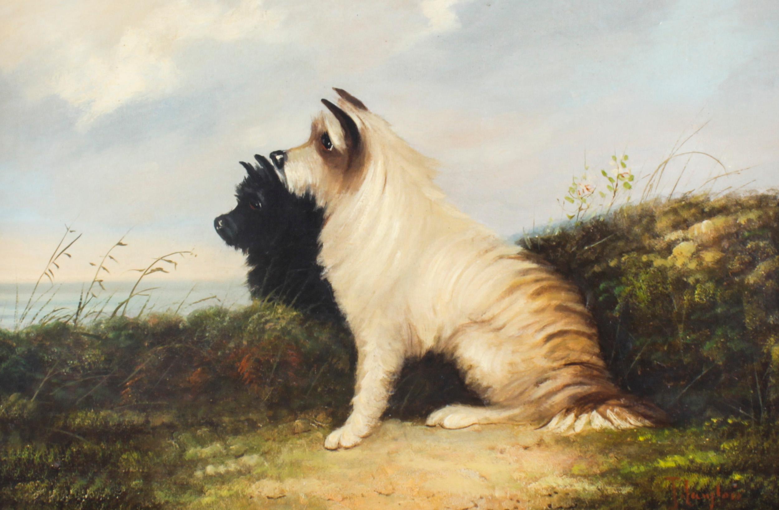 This is a beautiful antique oil on canvas painting of two Terriers in a Landscape by the British artist J Langlois (c.1855-1904) and signed lower right, circa 1880 in date.

This beautiful painting captures a striking view of black and white