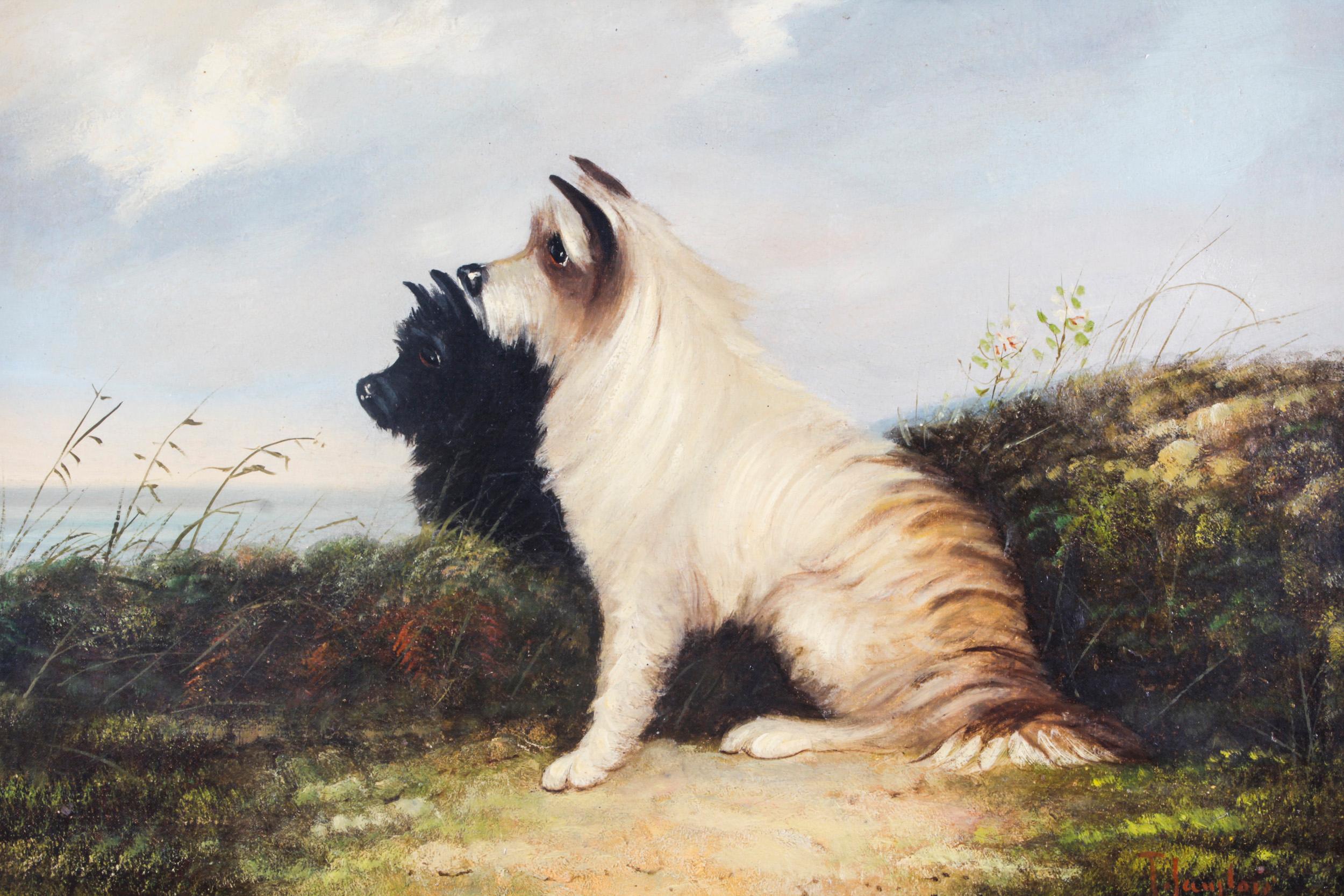 British Antique Oil Painting Two Terriers by J. Langlois 19th C