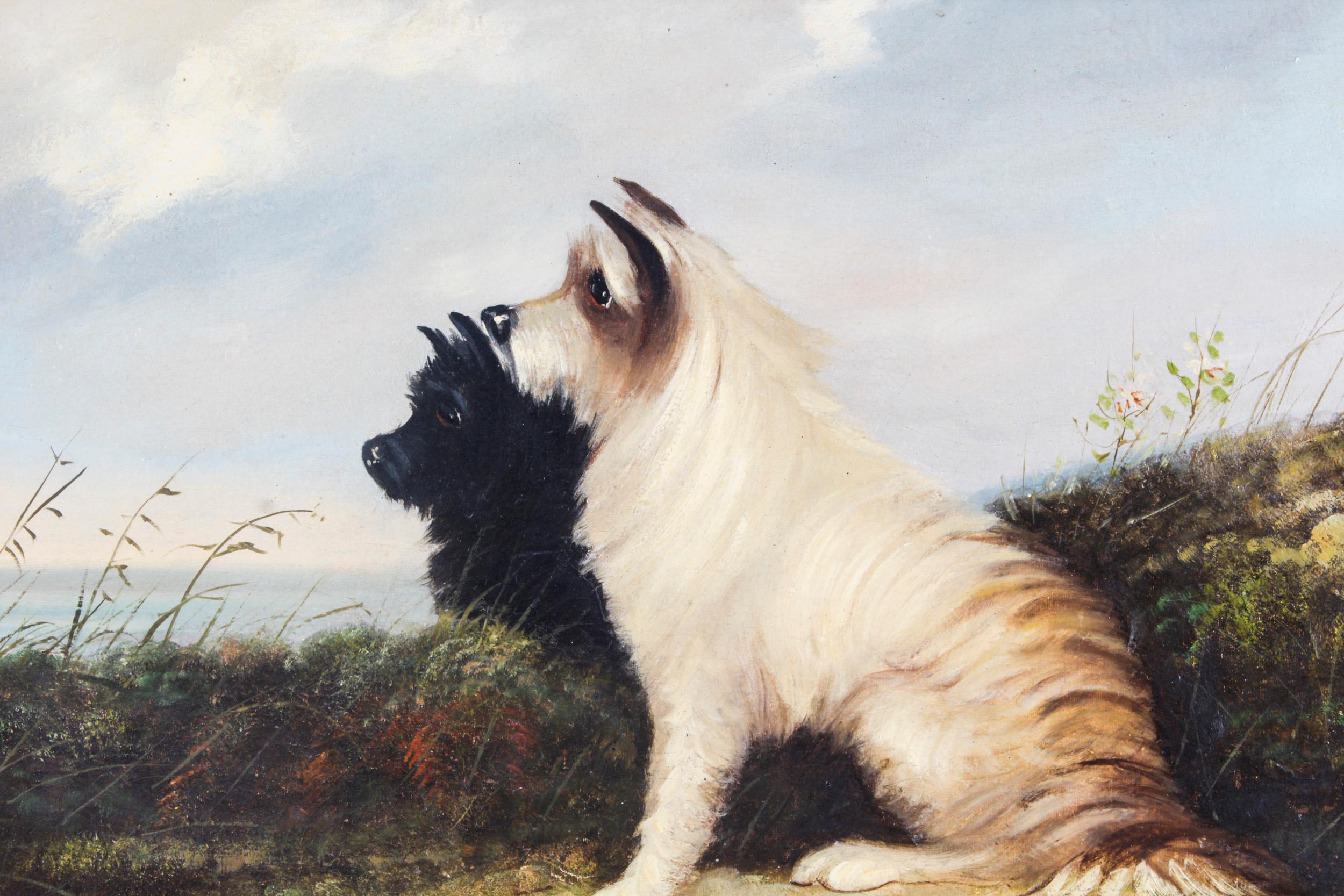 Antique Oil Painting Two Terriers by J. Langlois 19th C In Good Condition In London, GB