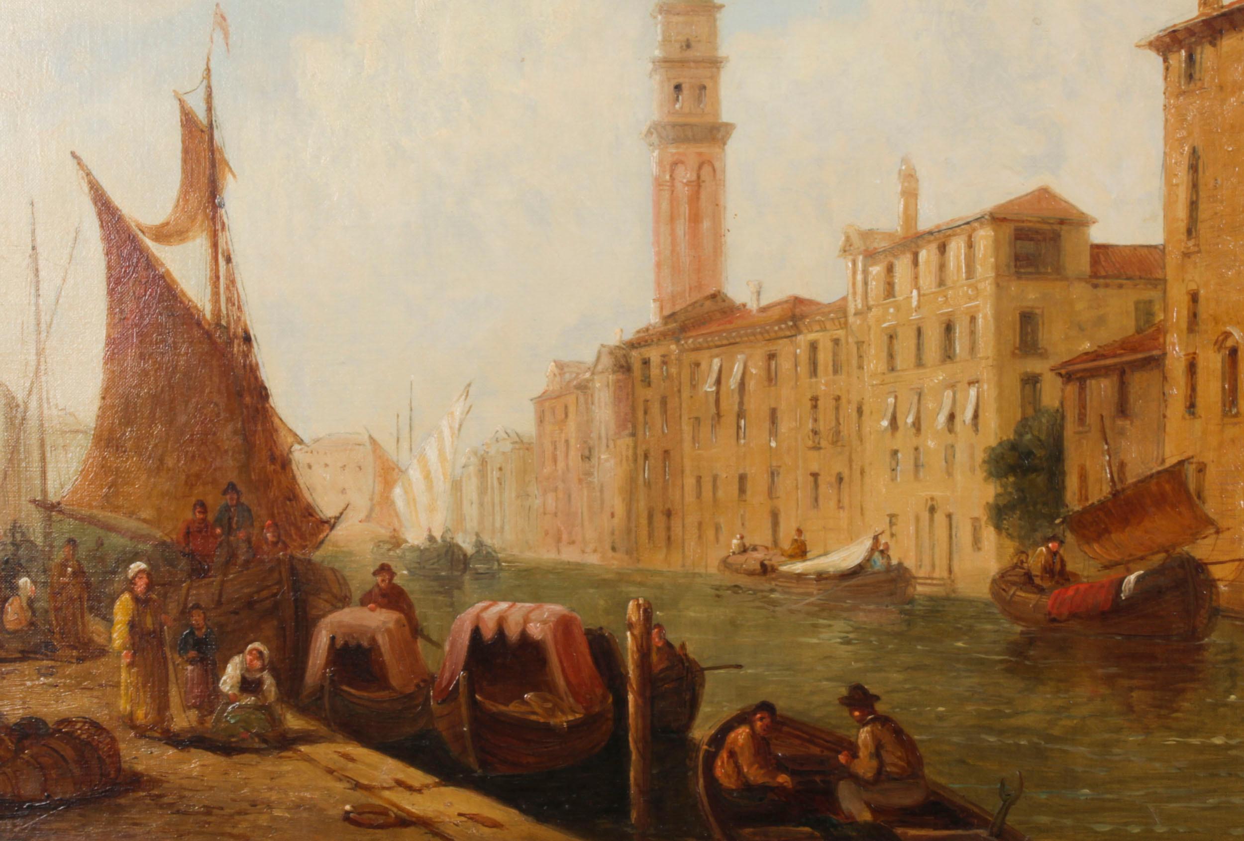 Antique Oil Painting Venetian Canal by William Raymond Dommerson 19th Century For Sale 7