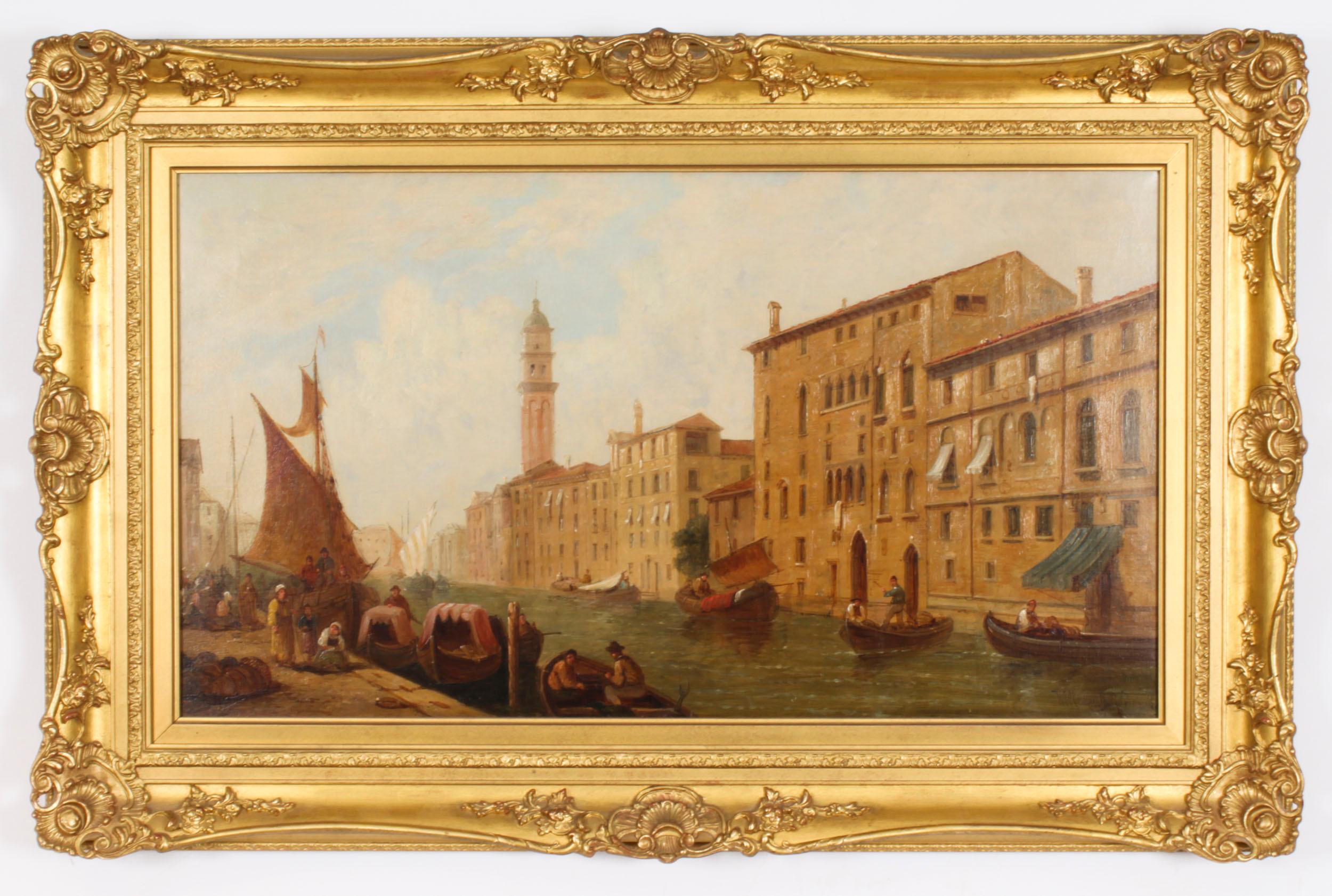Antique Oil Painting Venetian Canal by William Raymond Dommerson 19th Century For Sale 11