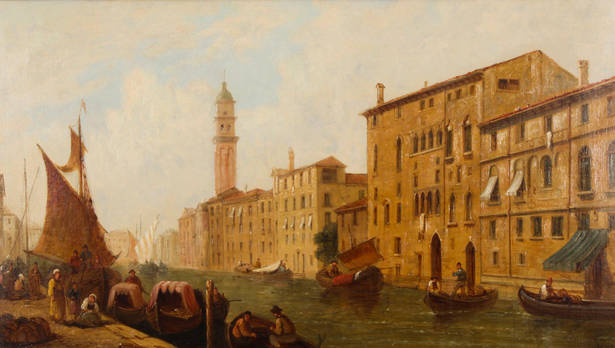 Antique Oil Painting Venetian Canal by William Raymond Dommerson 19th Century In Good Condition For Sale In London, GB