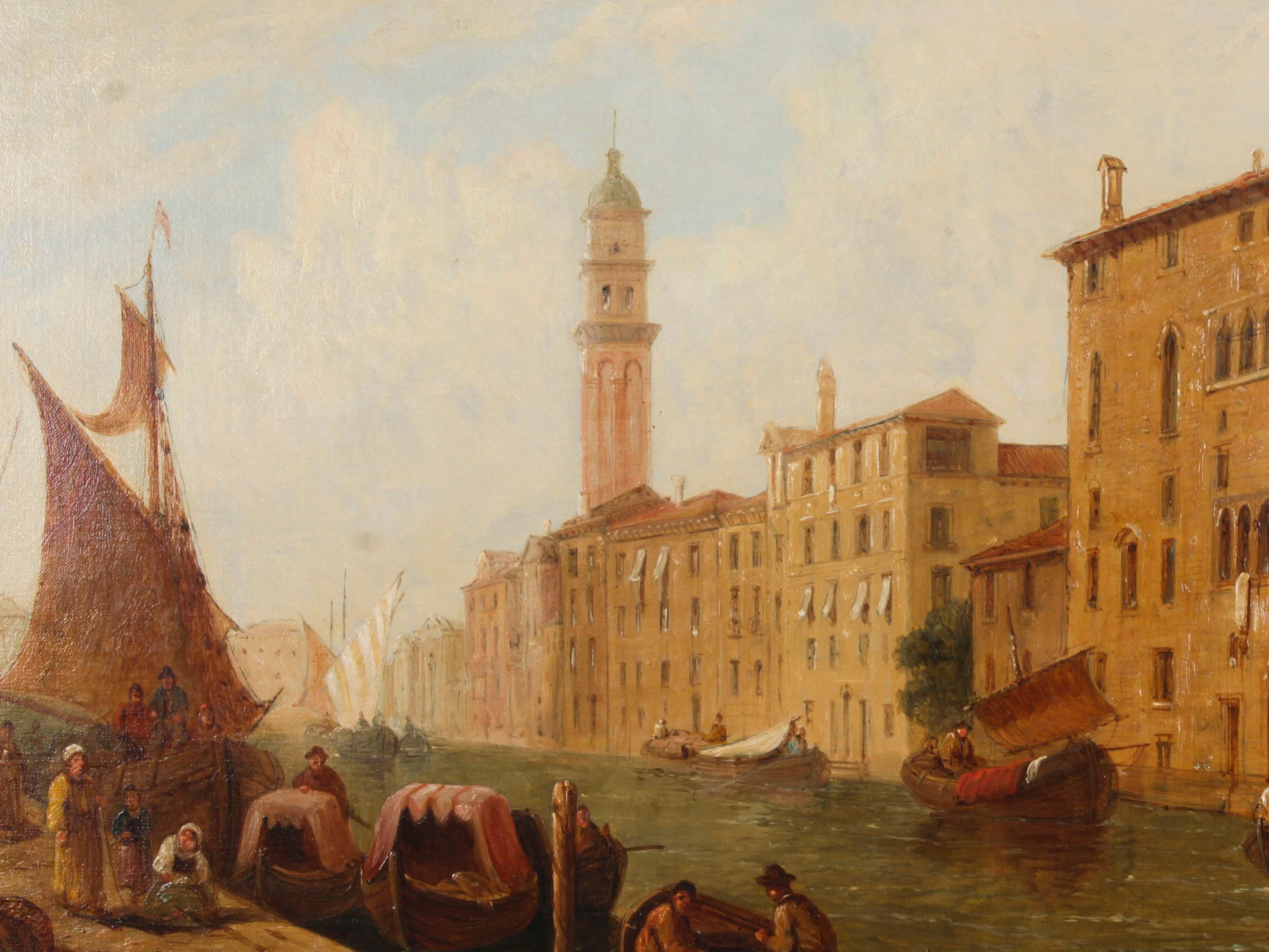 Canvas Antique Oil Painting Venetian Canal by William Raymond Dommerson 19th Century For Sale