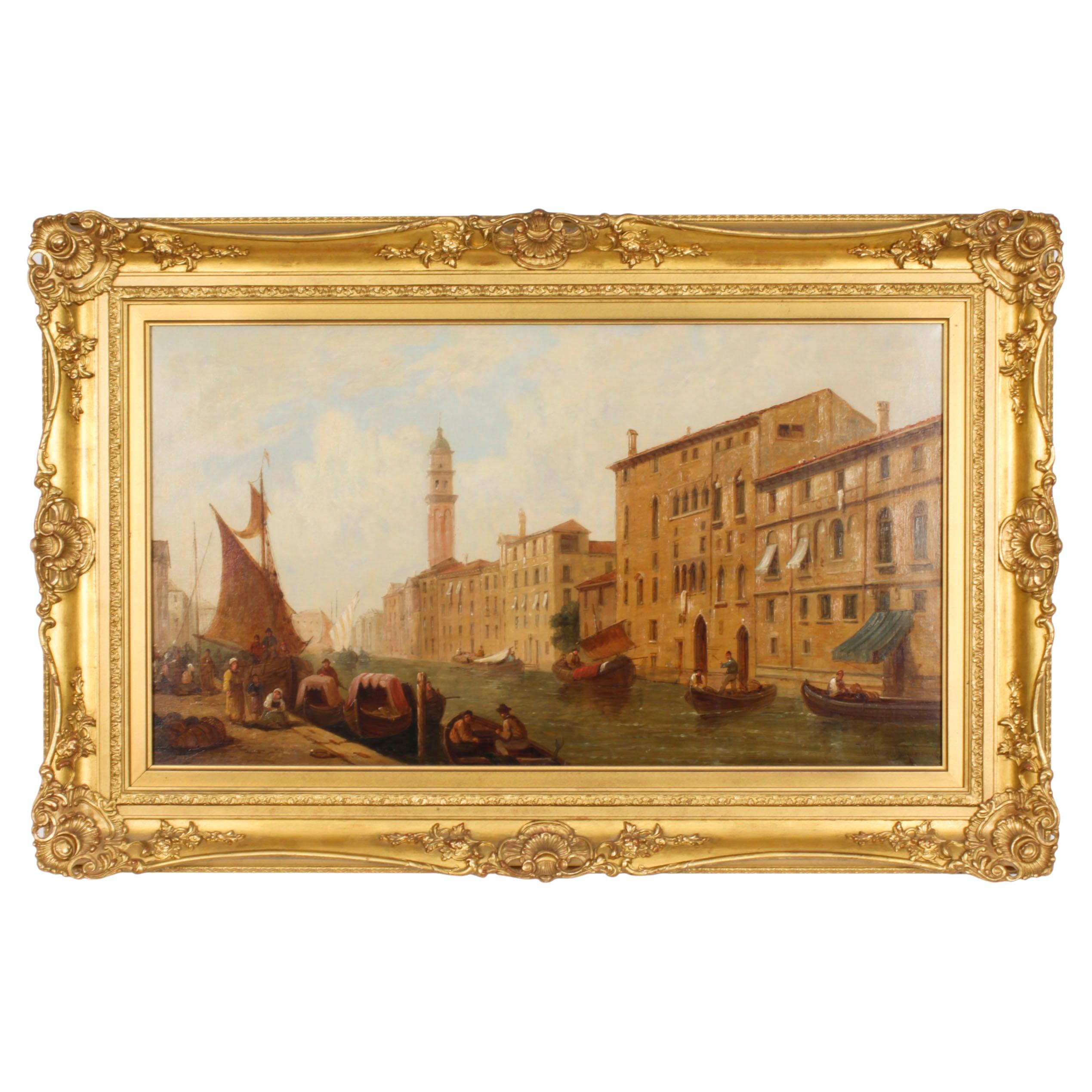 Peinture à l'huile ancienne du canal vénitien par William Raymond Dommerson 19ème siècle