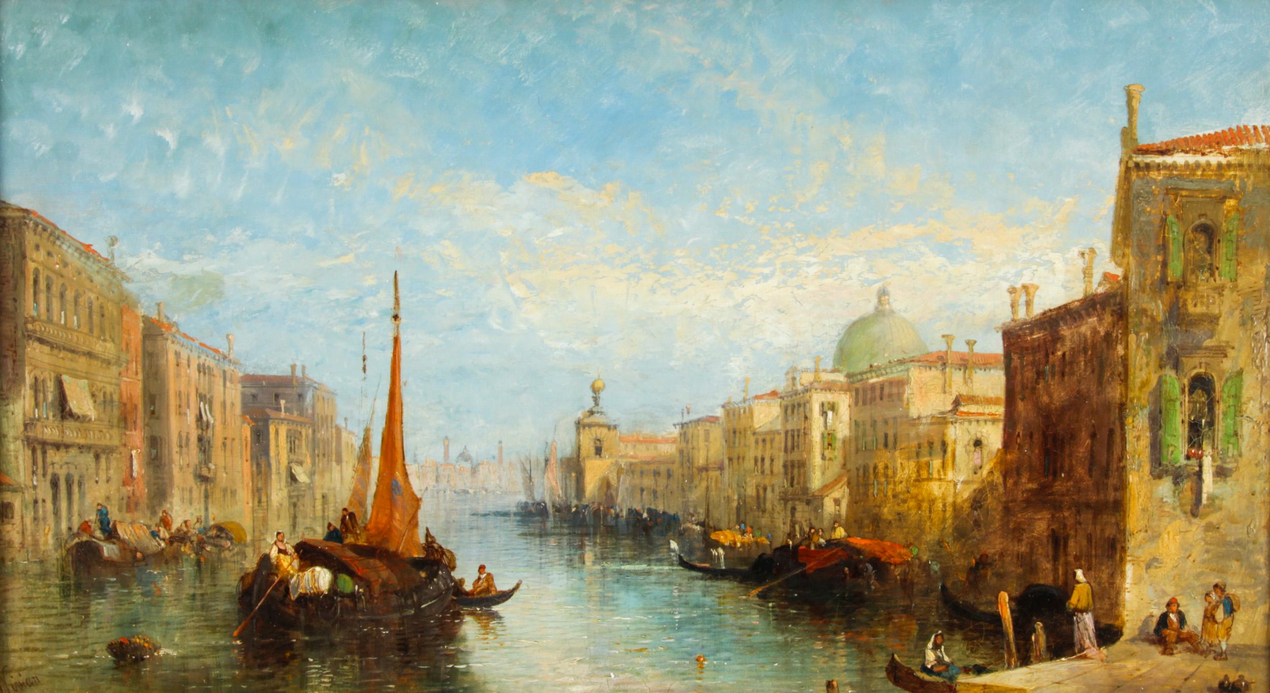 This beautiful oil on canvas painting by Jane Vivian (Active 1869-1890) beautifully captures a stunning Venetian Scene looking down The Grand Canal.

This beautiful landscape captures a striking view of the banks of the Grand Canal, it features a