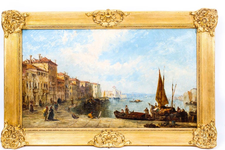Antique Oil Painting Scene of The Grand Canal J.Vivian, 19th