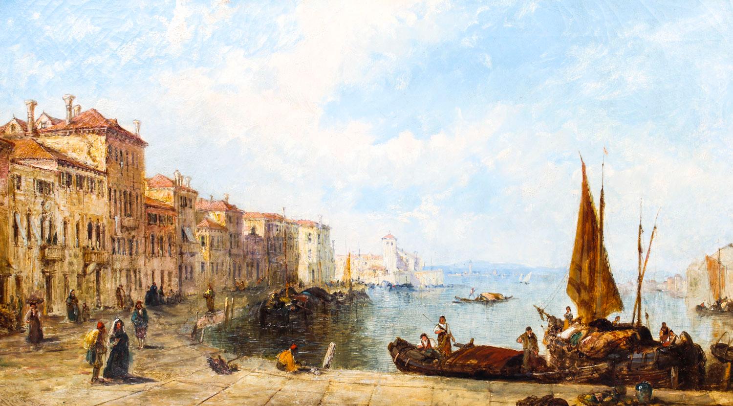 This lovely oil on canvas painting by Jane Vivian (Active 1869-1890) beautifully captures a Venetian Scene looking seawards from The Grand Canal.

This beautiful landscape captures a striking view of the banks of the Grand Canal, it features people