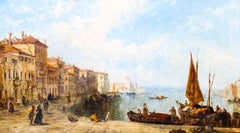 Antique Oil Painting Venetian Scene of The Grand Canal J.Vivian, 19th Century