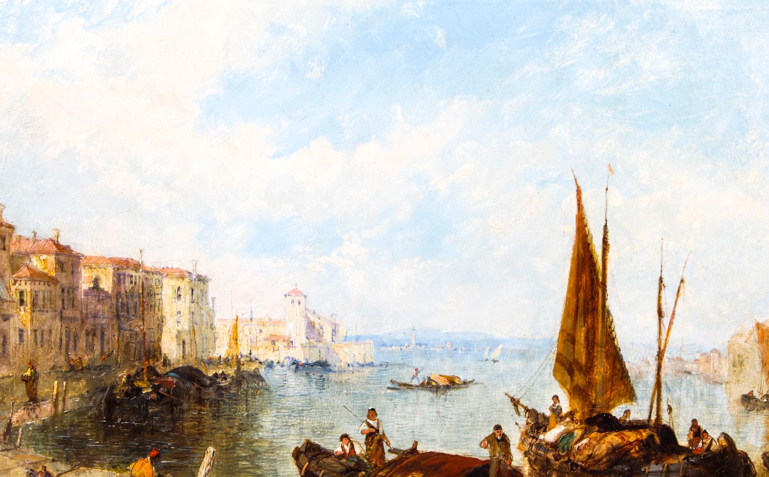 Gilt Antique Oil Painting Venetian Scene of The Grand Canal J.Vivian, 19th Century