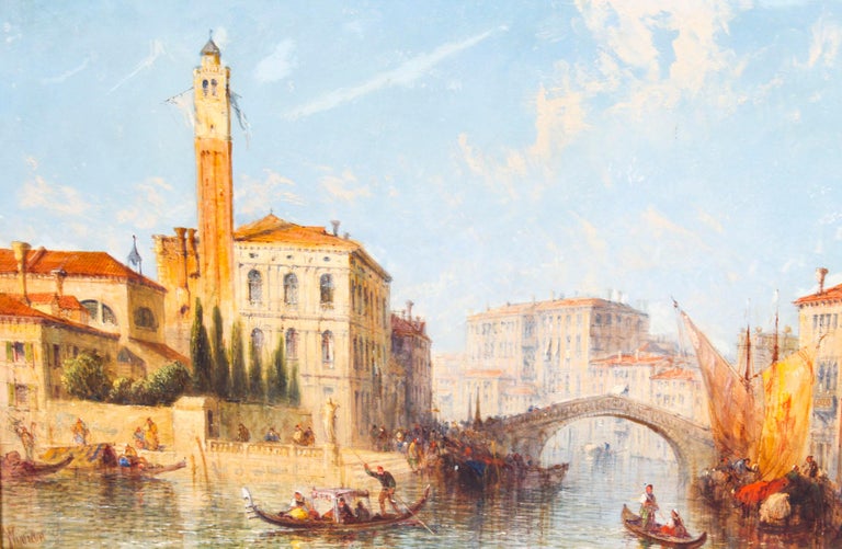Antique Oil Painting Scene of The Grand Canal J.Vivian, 19th