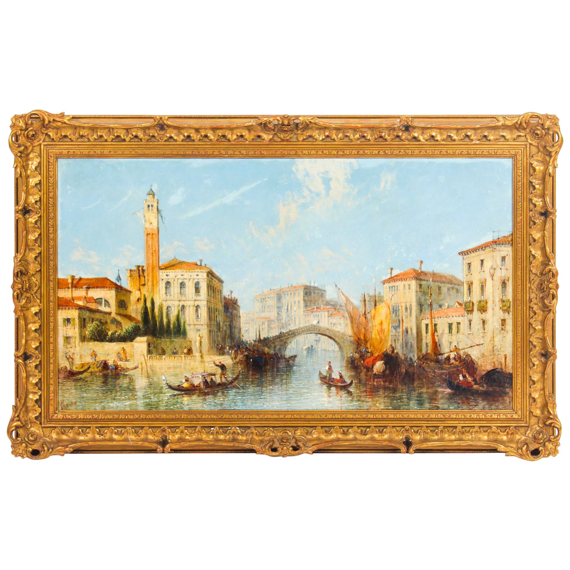 Antique Oil Painting Venetian Scene of The Grand Canal J.Vivian, 19th Century