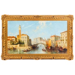 Antique Oil Painting Venetian Scene of The Grand Canal J.Vivian, 19th Century