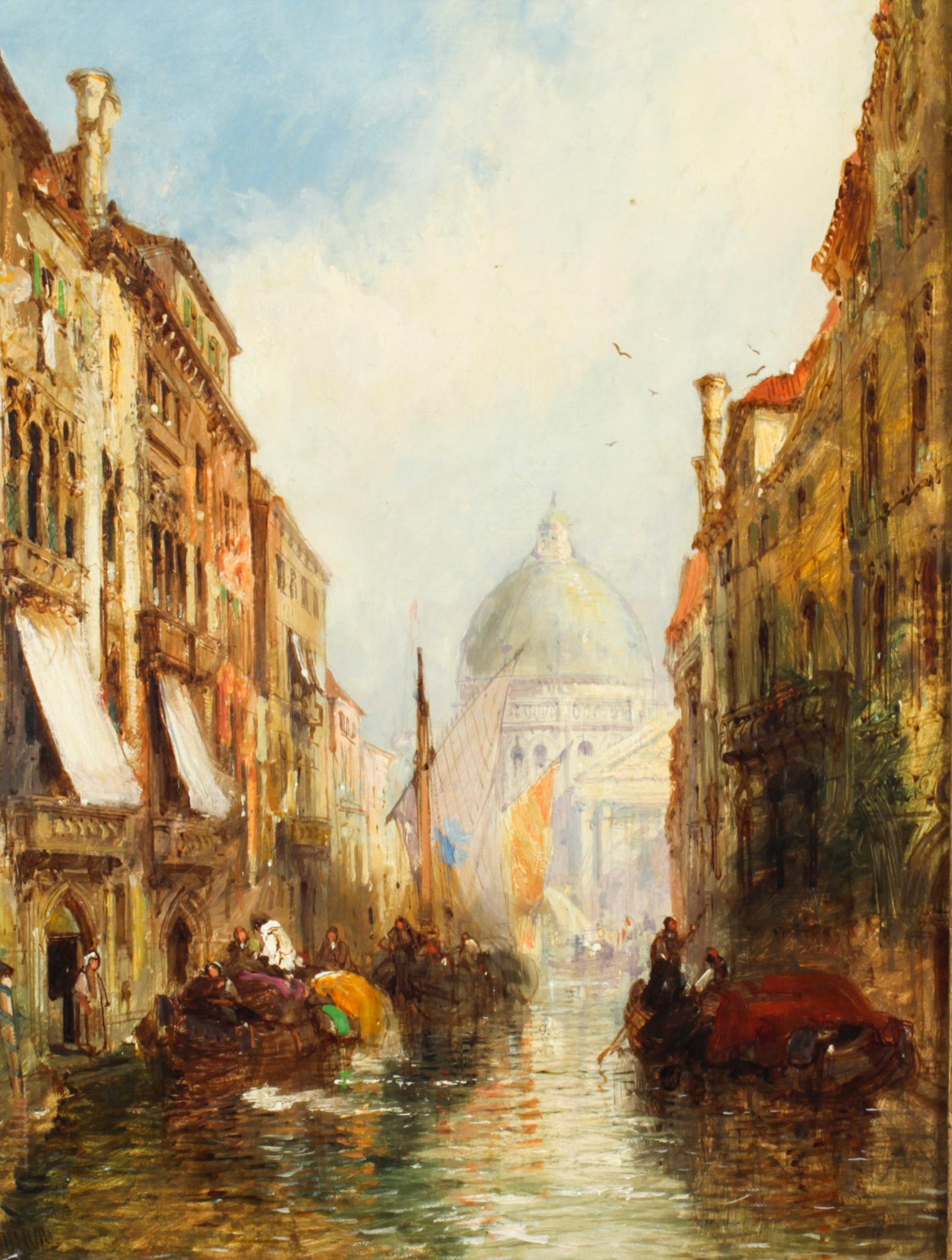 This is a beautiful oil on canvas painting by Jane Vivian (Active 1869-1890) signed on the lower left.

The painting delightfully presents the view of a Venetian canal and a beautiful perspective of San Simeone Piccolo in the distance. The artist