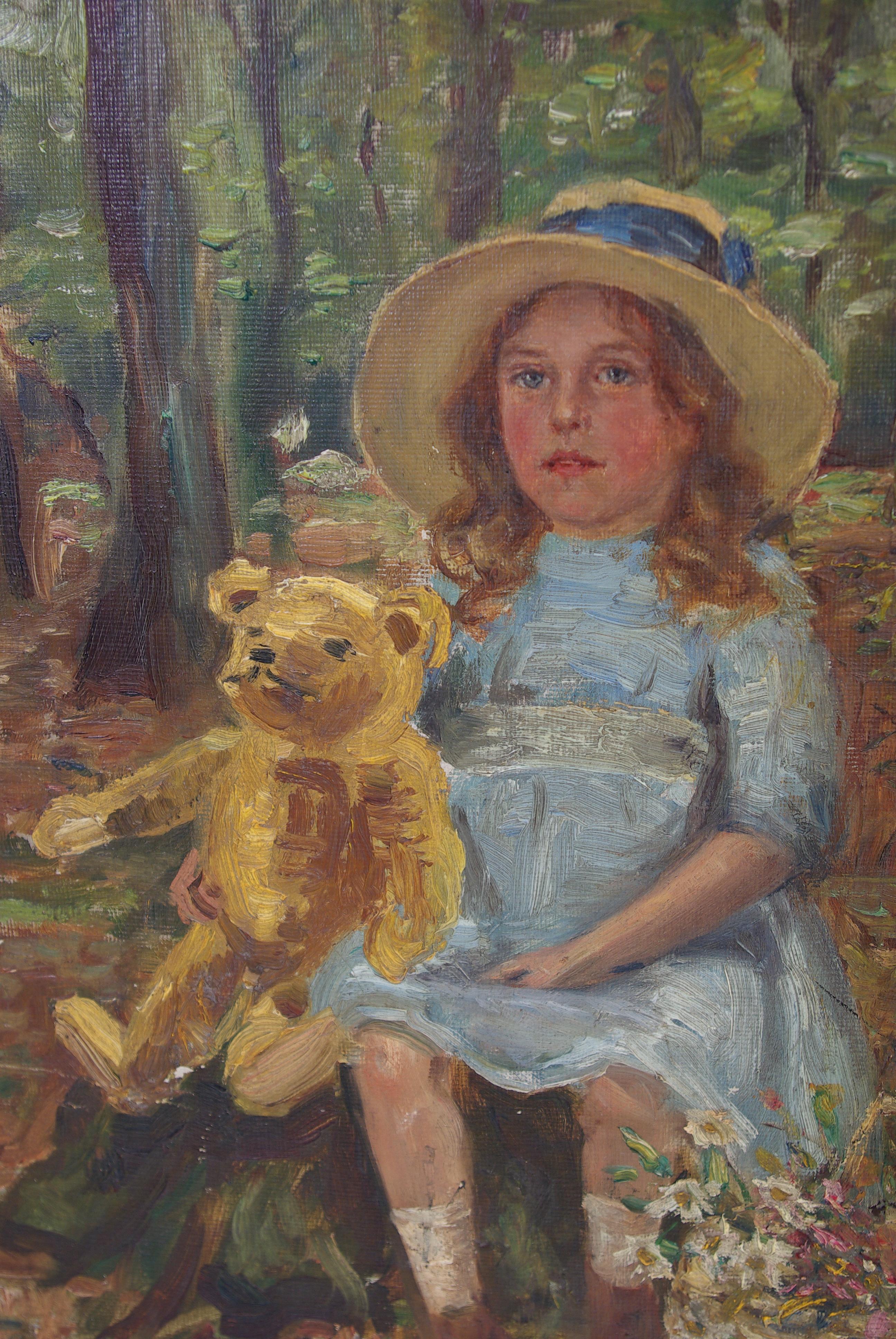 Young girl (Doreen) sitting on log with teddy bear & bouquet of flowers
Signed and dated 1913
Wonderful subject
Original frame by Fortescu Mann, London

$525.00

Measures: Frame: 15