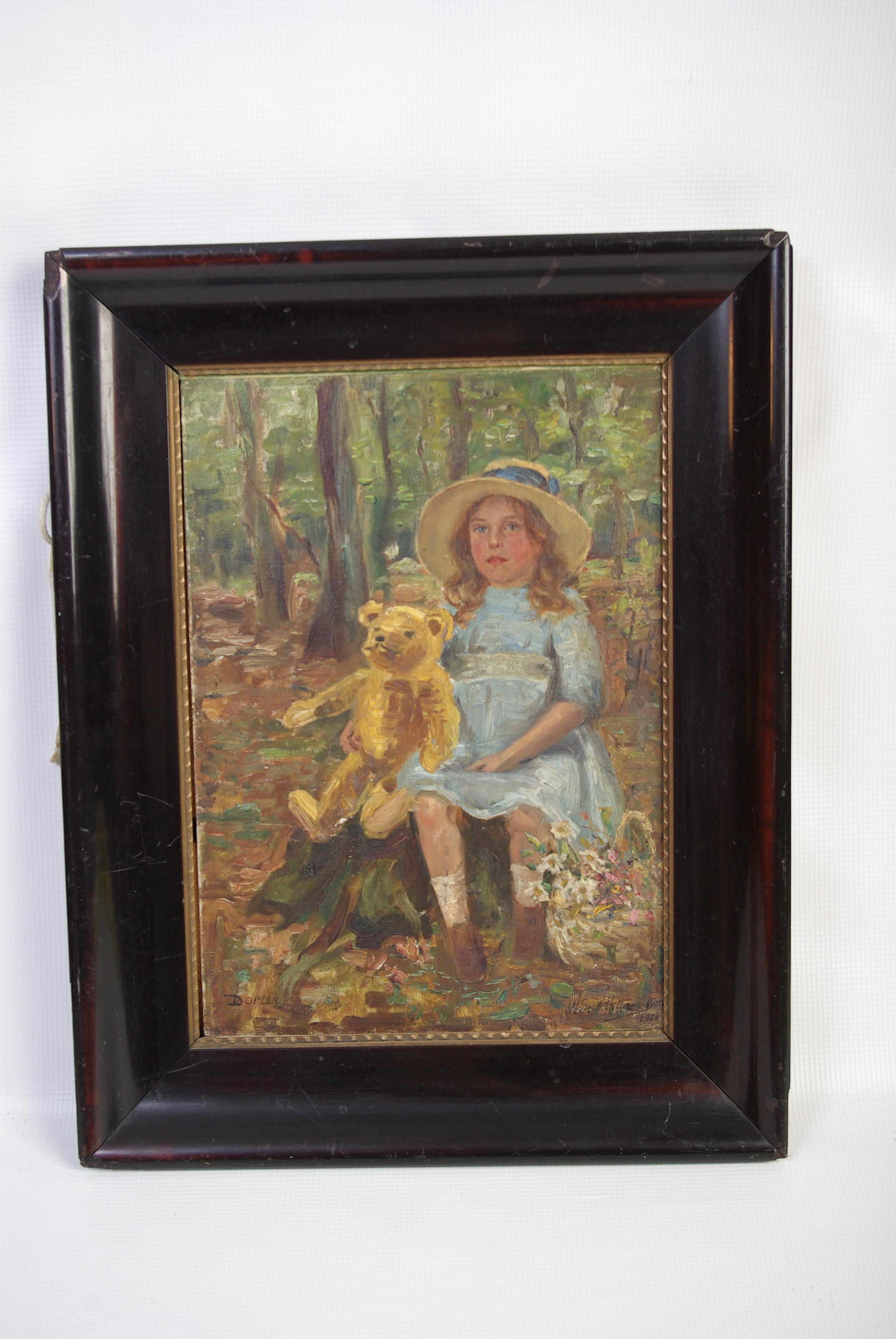 Antique Oil Painting, W. Scott Heatherington Young Girl with Teddy Bear, H009 For Sale