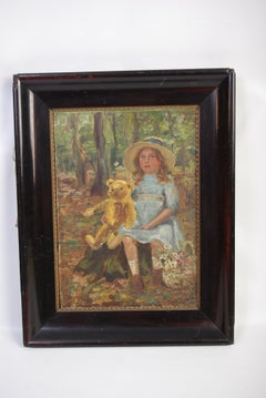 Peinture à l'huile ancienne, W. Scott Heatherington, Jeune fille avec un ours en peluche, H009