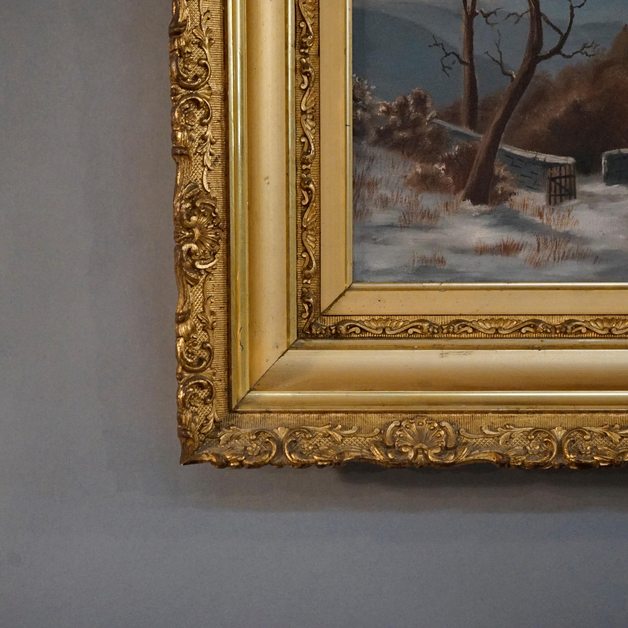 Antique Oil Painting, Winter Landscape with Church in Giltwood Frame, C1890 4