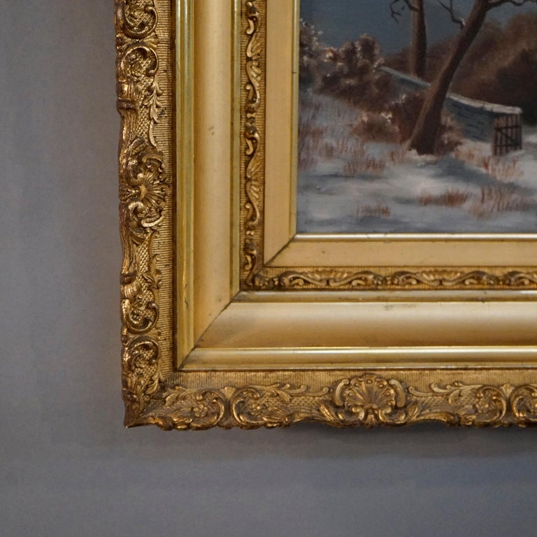 Antique Oil Painting, Winter Landscape with Church in Giltwood Frame, C1890 For Sale 6