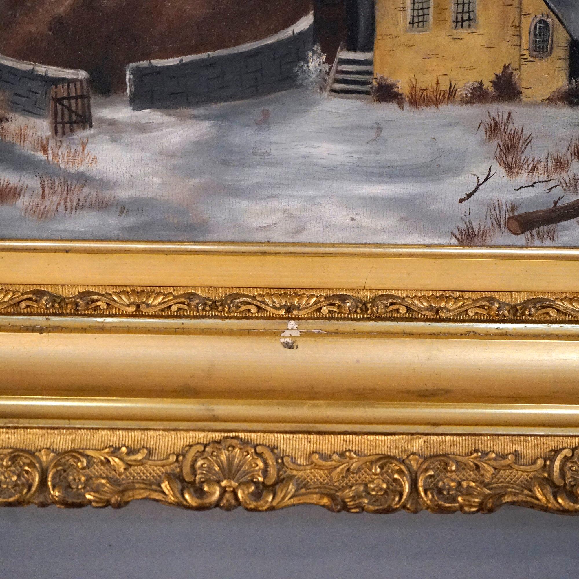 Antique Oil Painting, Winter Landscape with Church in Giltwood Frame, C1890 7