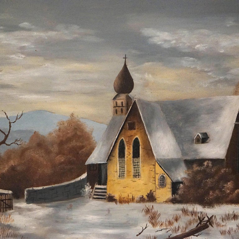 An antique painting offers an oil on board winter landscape with a church and stone fence in countryside setting, seated in giltwood frame, c1890

Measures- overall 18.5''H x 25''W x 3.5''D