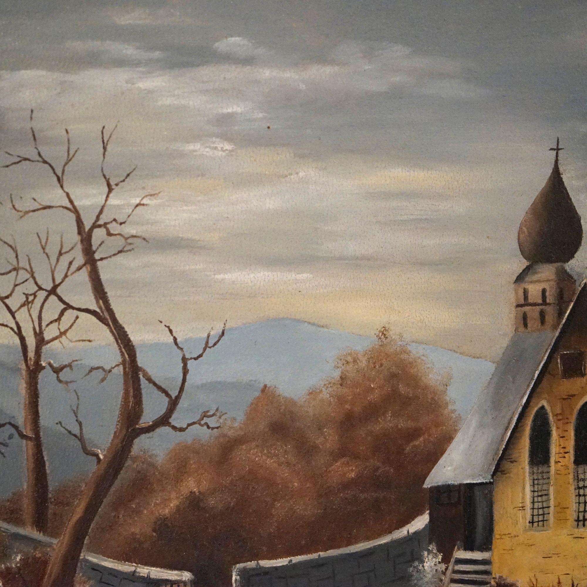 Antique Oil Painting, Winter Landscape with Church in Giltwood Frame, C1890 In Good Condition In Big Flats, NY