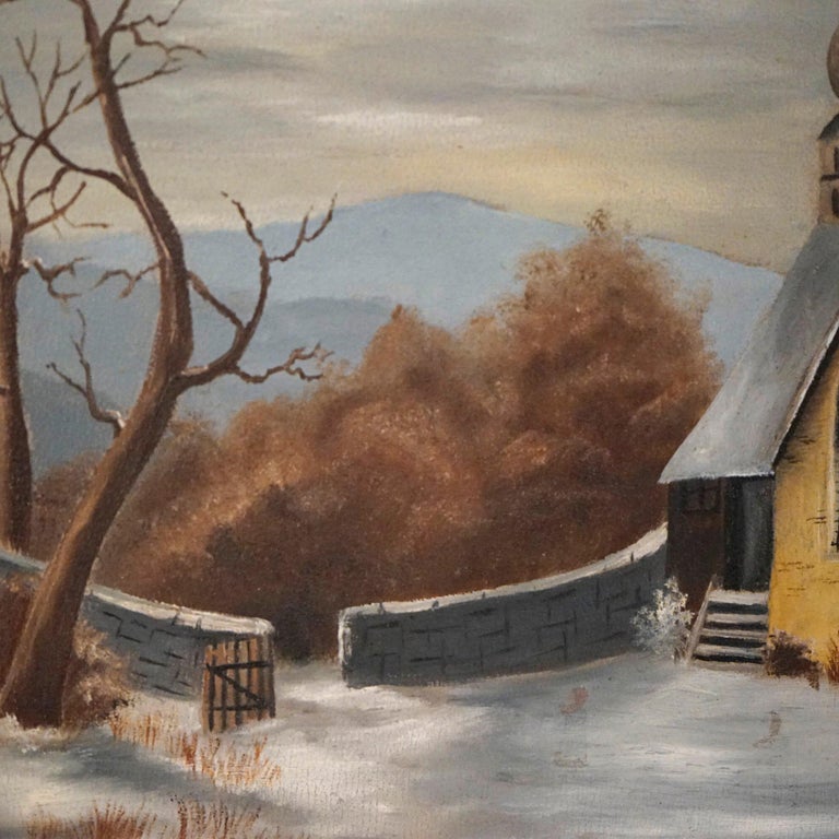 19th Century Antique Oil Painting, Winter Landscape with Church in Giltwood Frame, C1890 For Sale