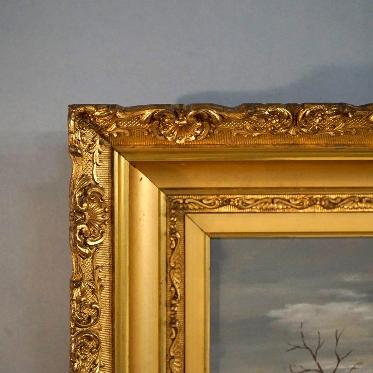 Wood Antique Oil Painting, Winter Landscape with Church in Giltwood Frame, C1890 For Sale