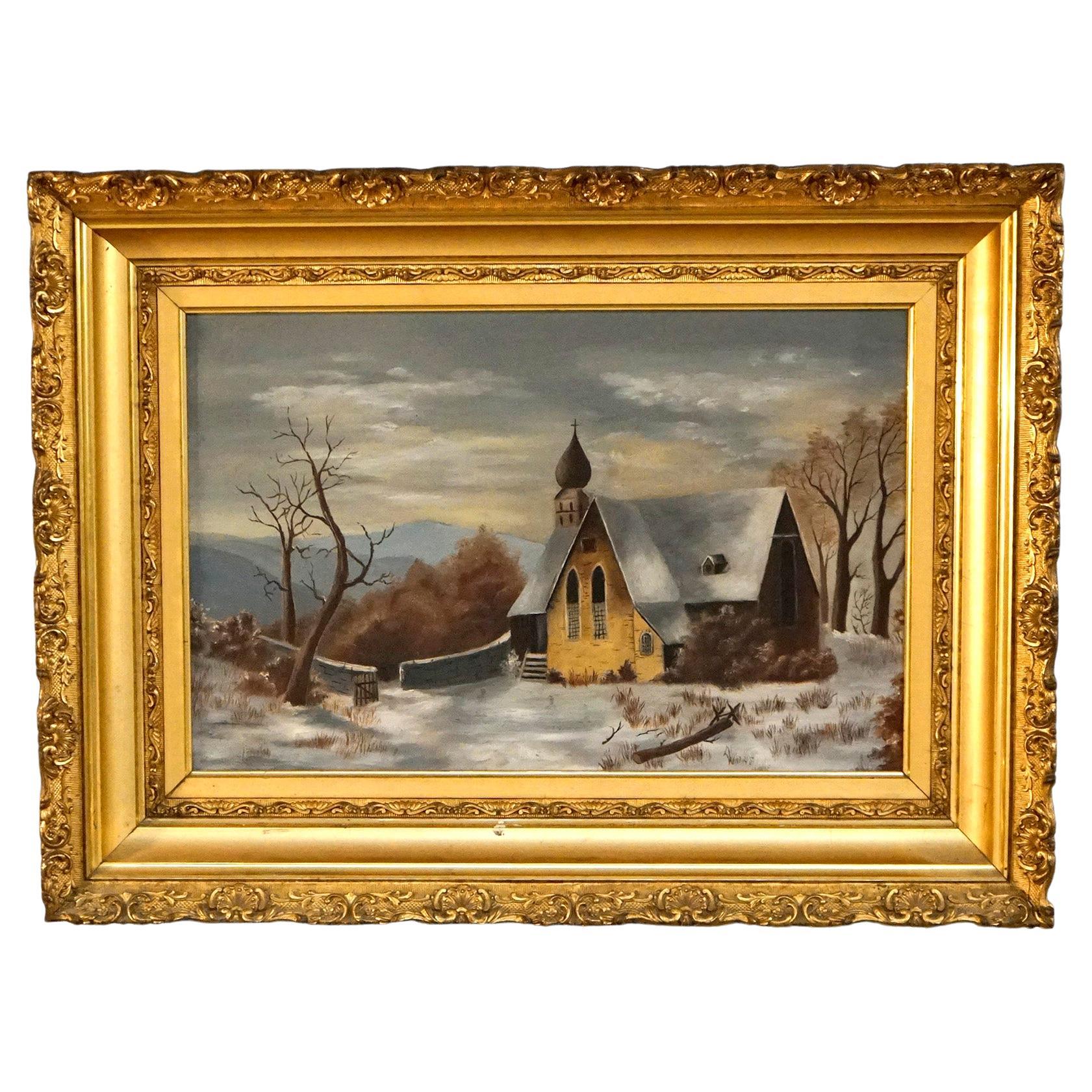 Antique Oil Painting, Winter Landscape with Church in Giltwood Frame, C1890
