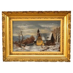 Antique Oil Painting, Winter Landscape with Church in Giltwood Frame, C1890