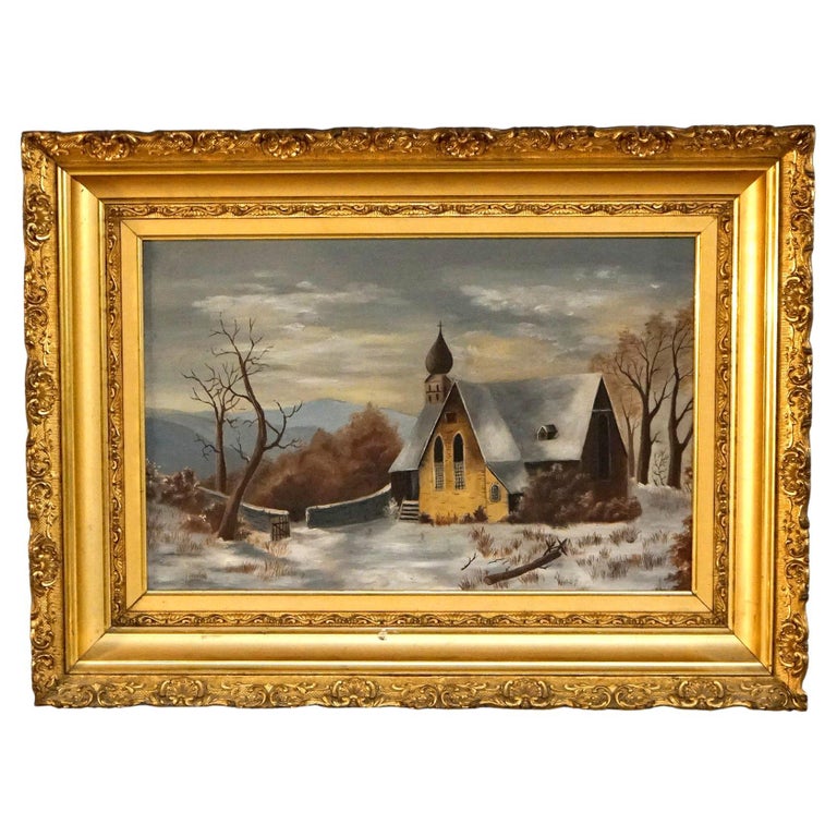 Antique Oil Painting, Winter Landscape with Church in Giltwood Frame, C1890 For Sale