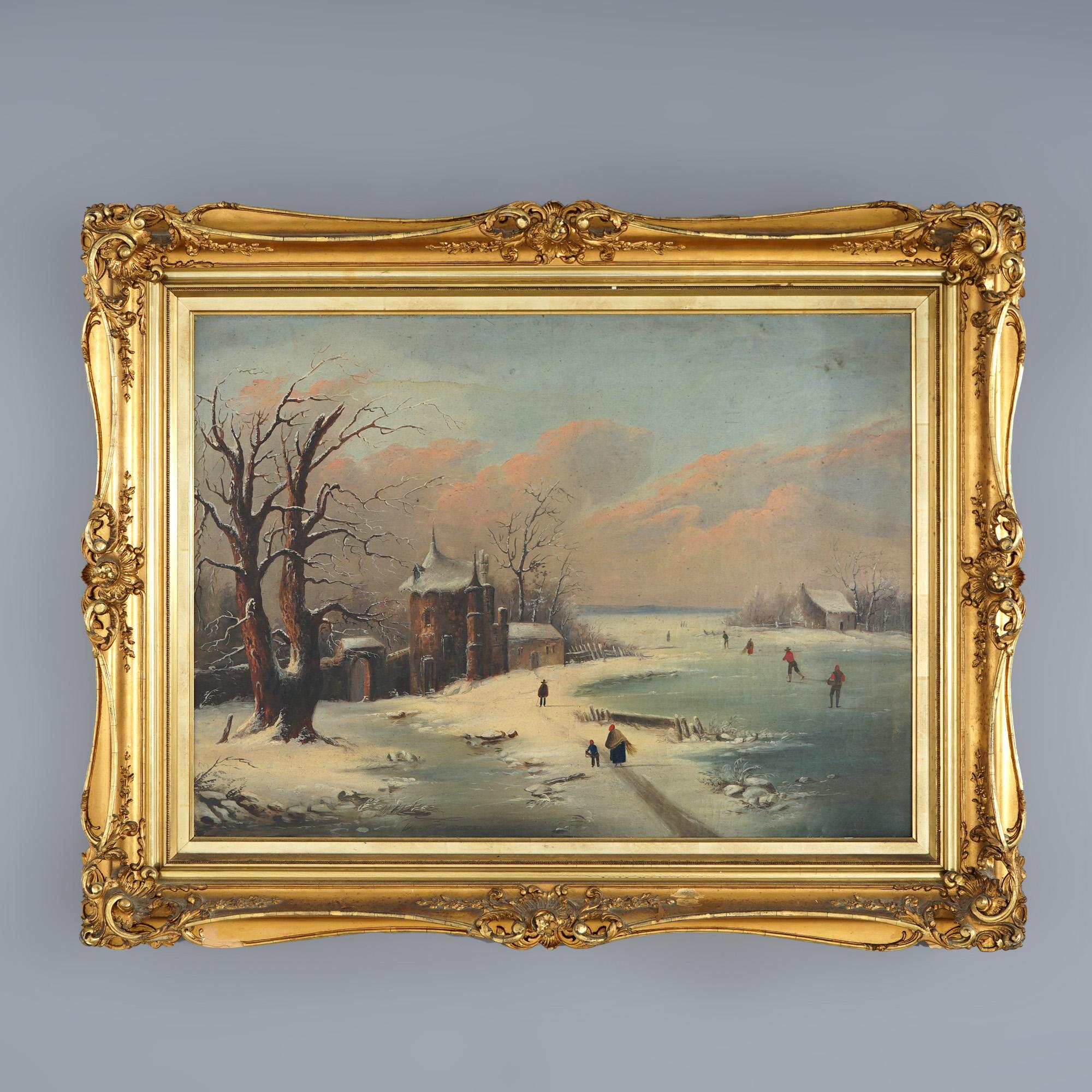 An antique painting offers oil on canvas Dutch winter scene with ice skaters on pond with structures, seated in giltwood frame, c1890

Measures - 31