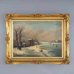 Antique Oil Painting Winter Landscape with Ice Skaters in Giltwood frame c1890