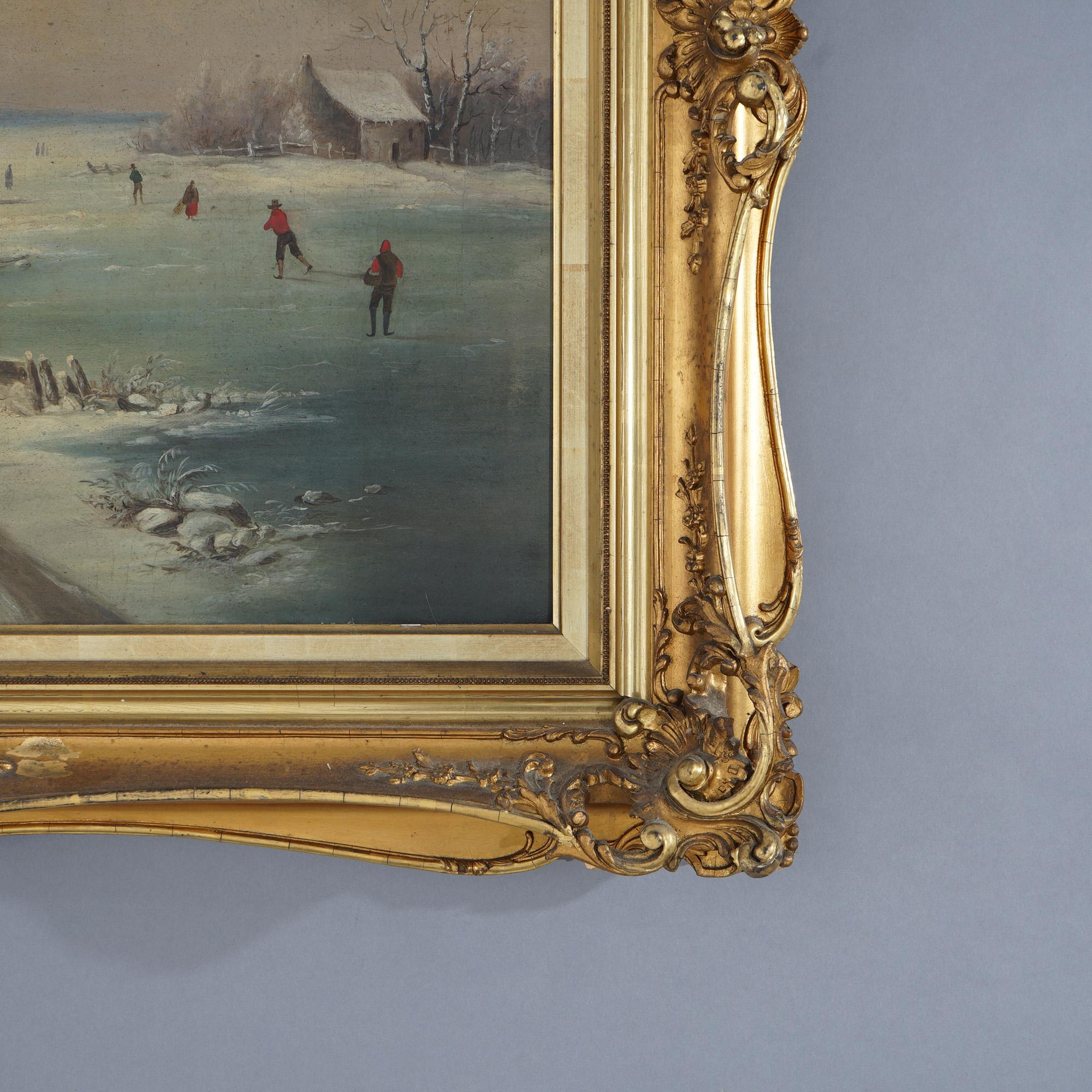 European Antique Oil Painting Winter Landscape with Ice Skaters in Giltwood frame c1890 For Sale