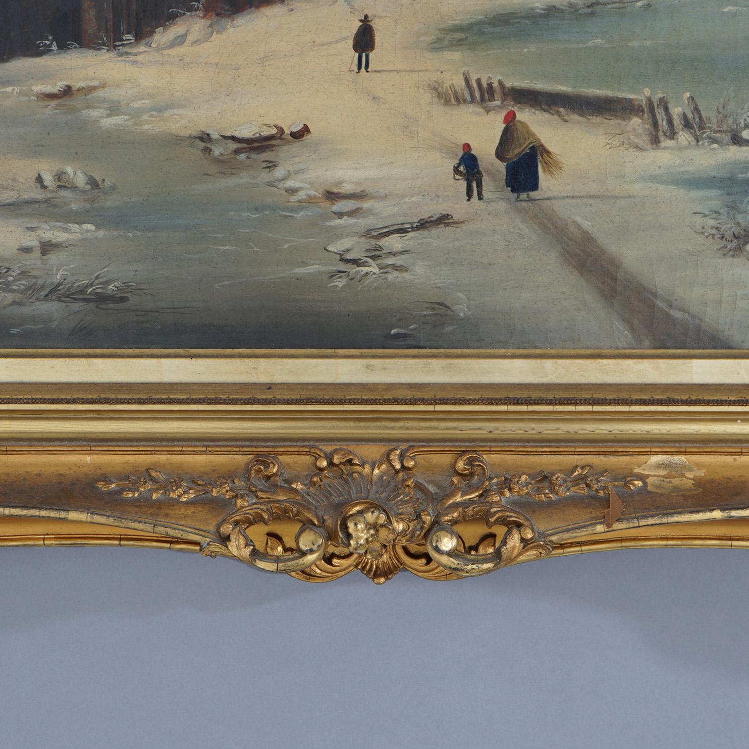 Hand-Painted Antique Oil Painting Winter Landscape with Ice Skaters in Giltwood frame c1890 For Sale