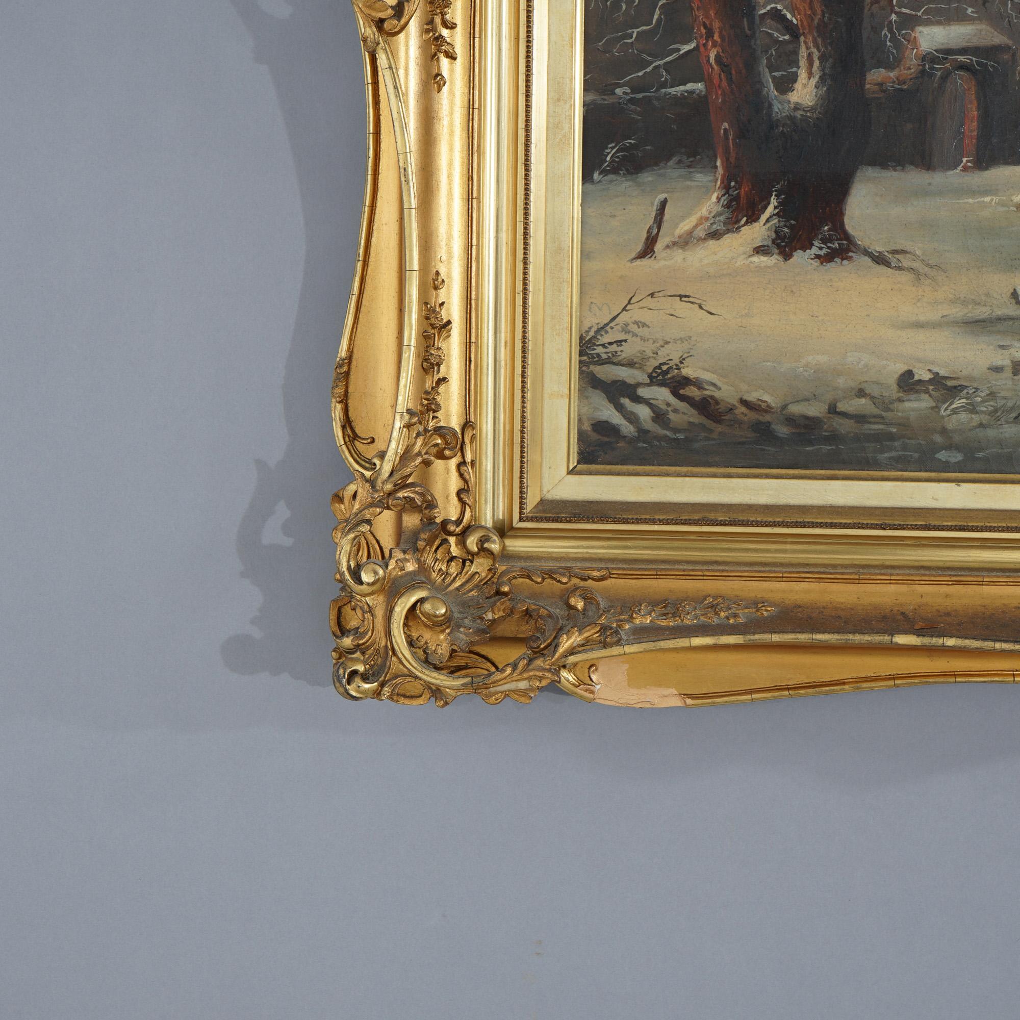Antique Oil Painting Winter Landscape with Ice Skaters in Giltwood frame c1890 In Good Condition For Sale In Big Flats, NY