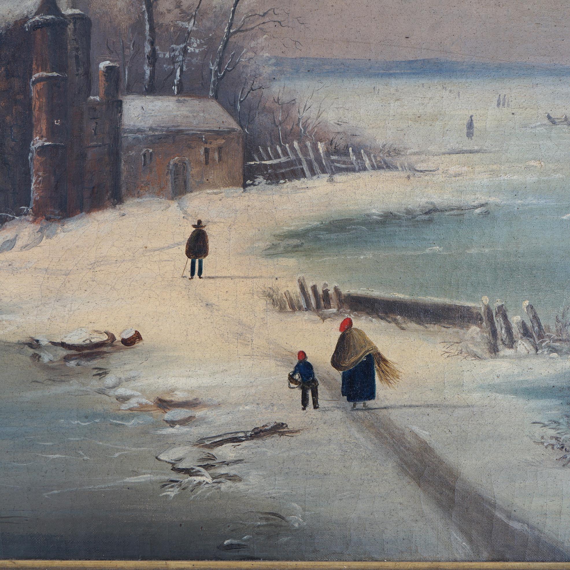 19th Century Antique Oil Painting Winter Landscape with Ice Skaters in Giltwood frame c1890 For Sale