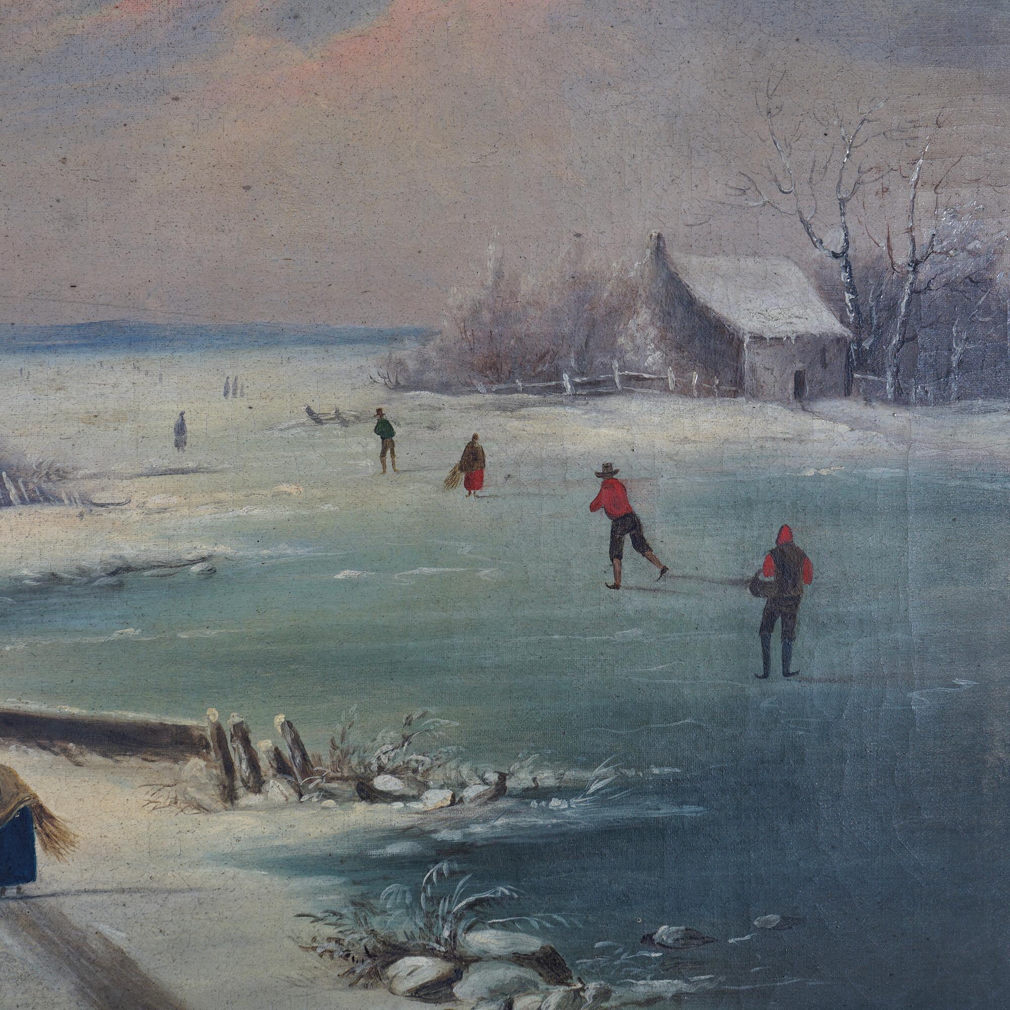 Canvas Antique Oil Painting Winter Landscape with Ice Skaters in Giltwood frame c1890 For Sale