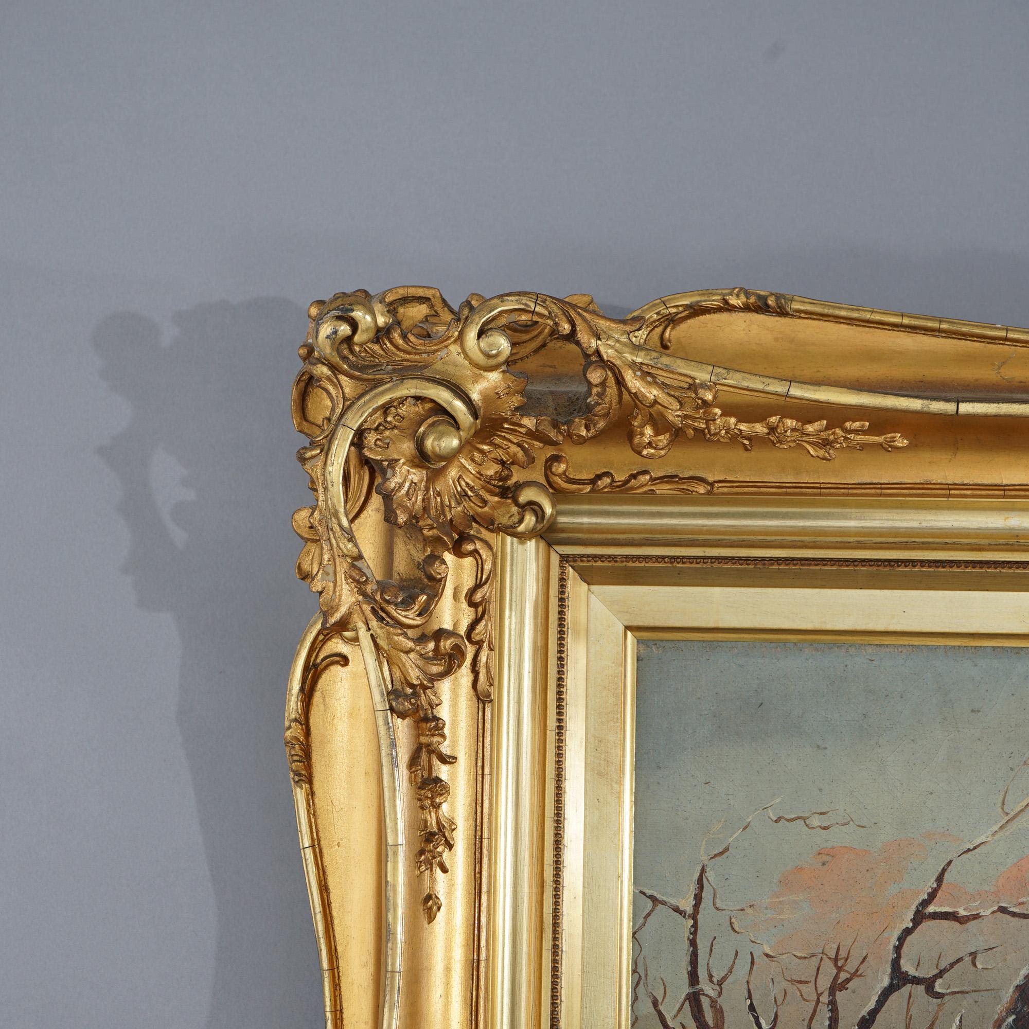 Antique Oil Painting Winter Landscape with Ice Skaters in Giltwood frame c1890 For Sale 2