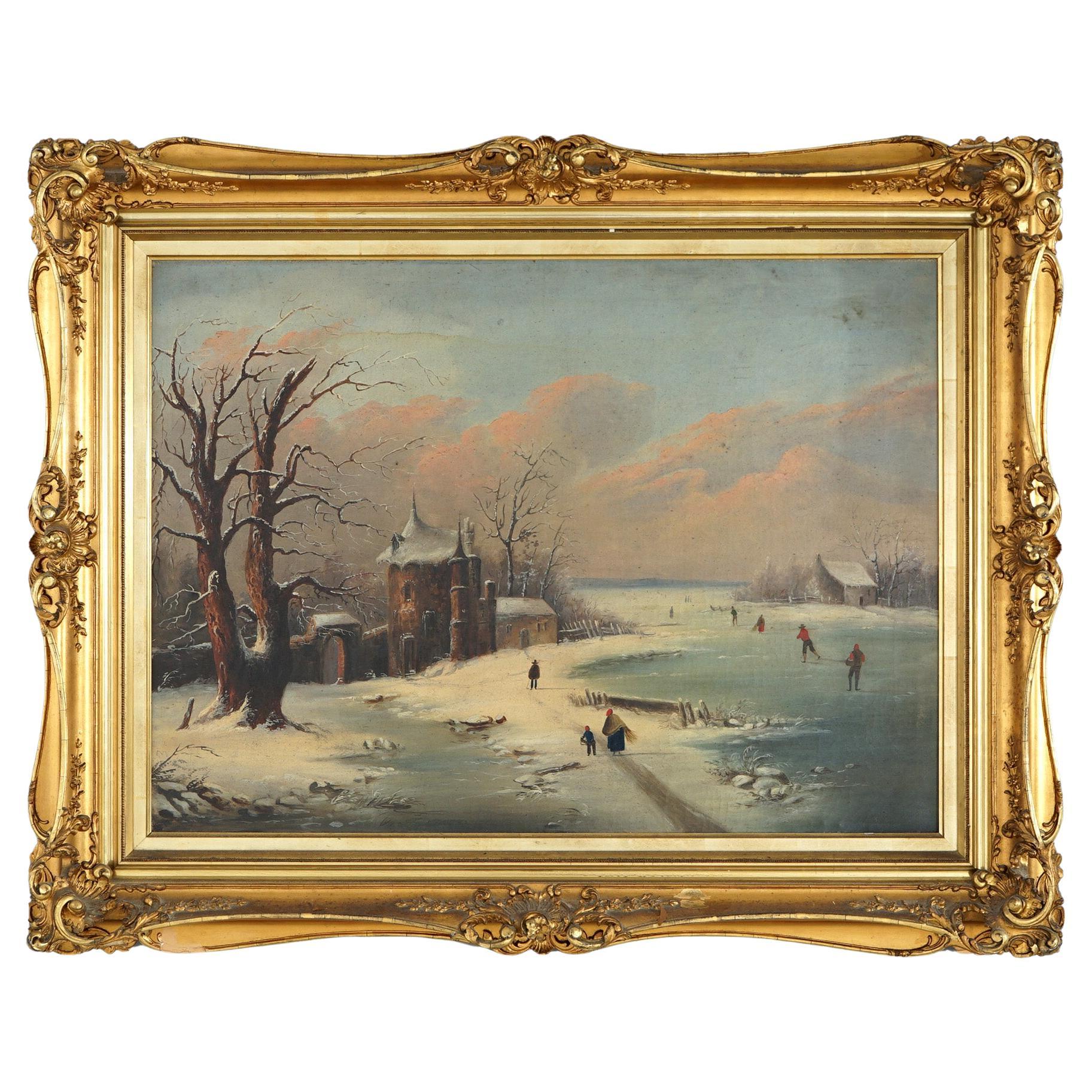 Peinture à l'huile ancienne d'un paysage d'hiver avec patineurs de glace dans un cadre en bois doré, vers 1890