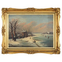 Peinture à l'huile ancienne d'un paysage d'hiver avec patineurs de glace dans un cadre en bois doré, vers 1890