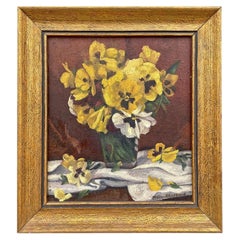 Antique Oil Painting of Flowers – Pansies – Floral Still Life