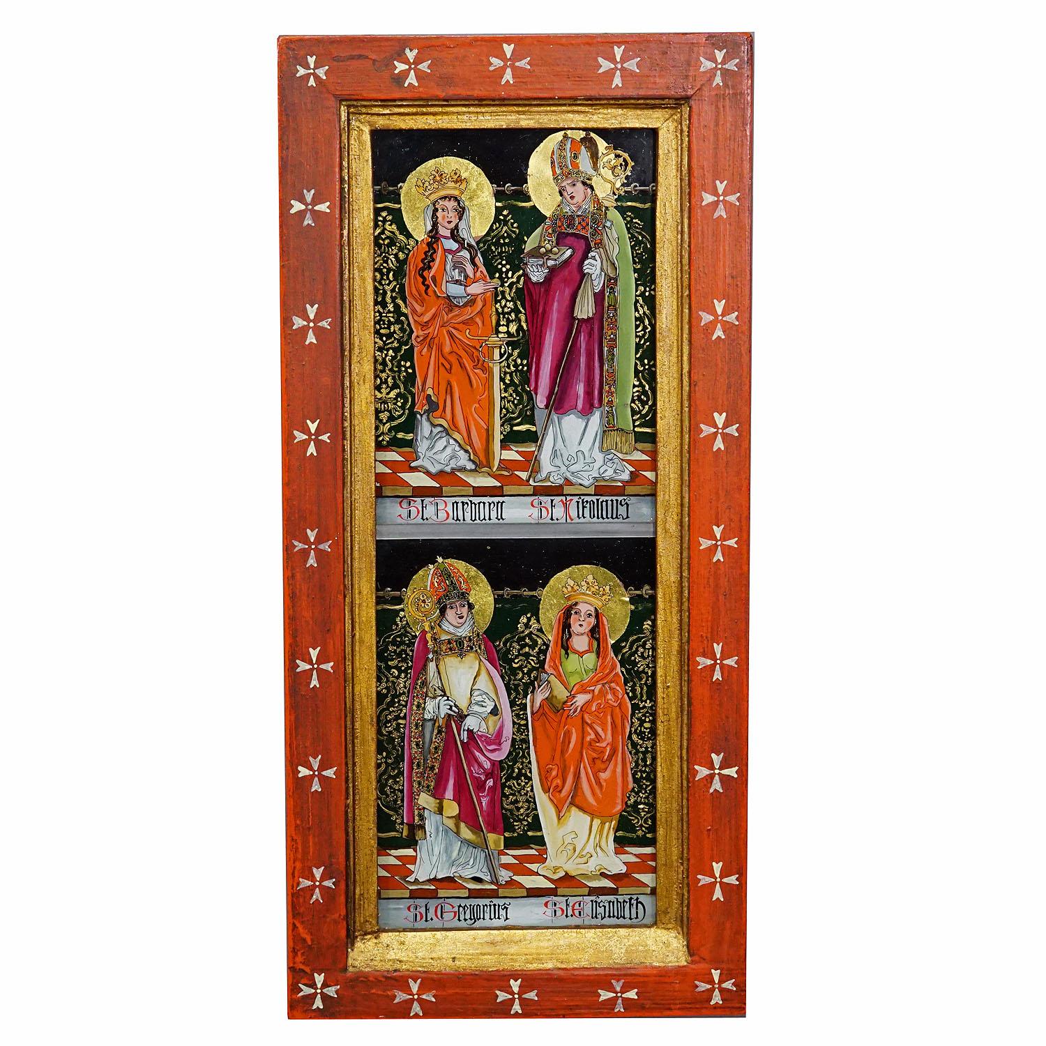 Antique Oil Painting With Four Saints, Germany ca. 1920s

A great antique painting depicting the saints St. Elisabeth, St. Gregorius, St. Nikolaus and St. Barbara. Handpainted with enamel paint in Germany ca. 1920s. Framed behind glass in a wooden