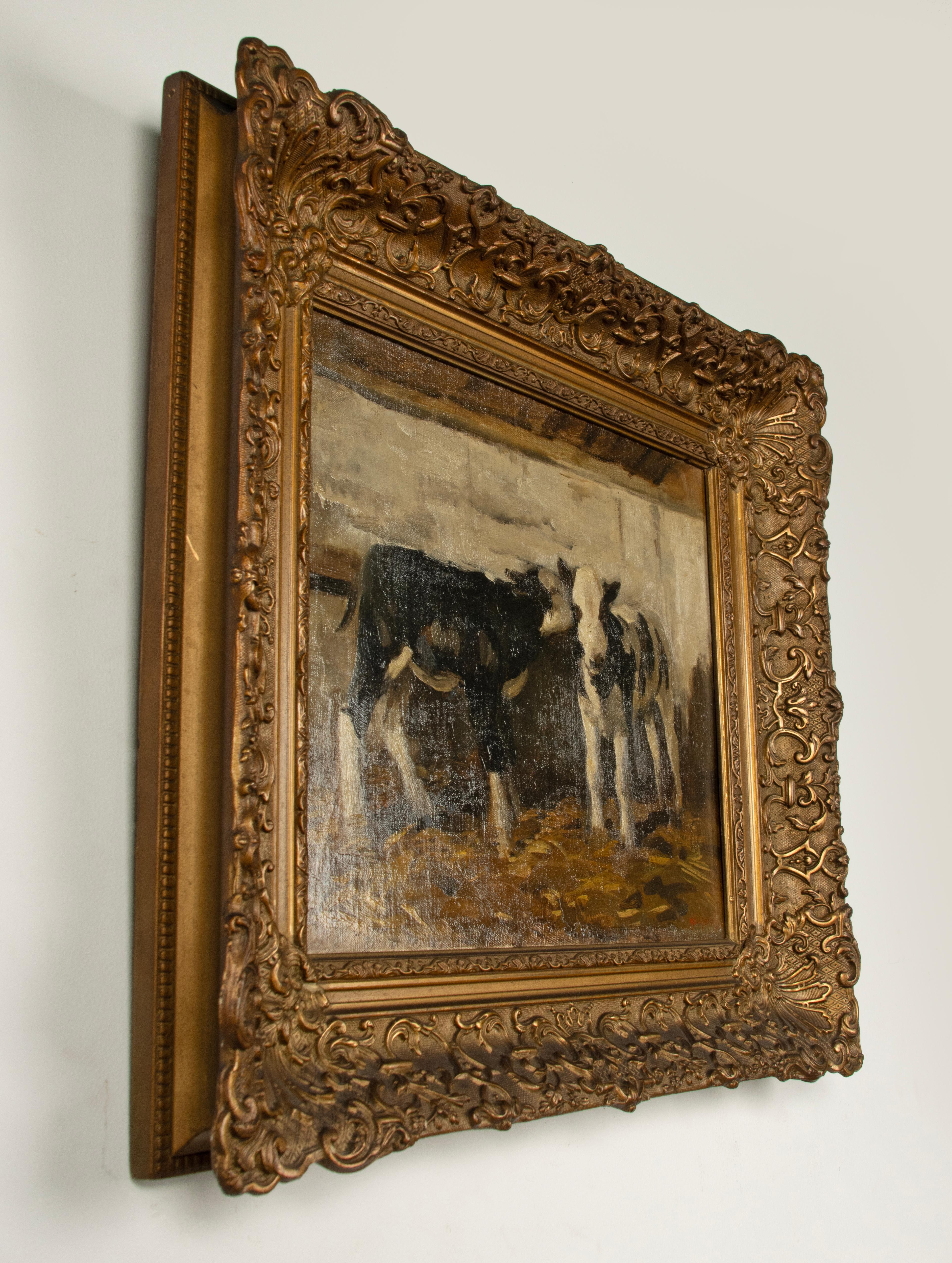 Antique Oil Painting - W.J. Dingemans - Calves in Stable 3