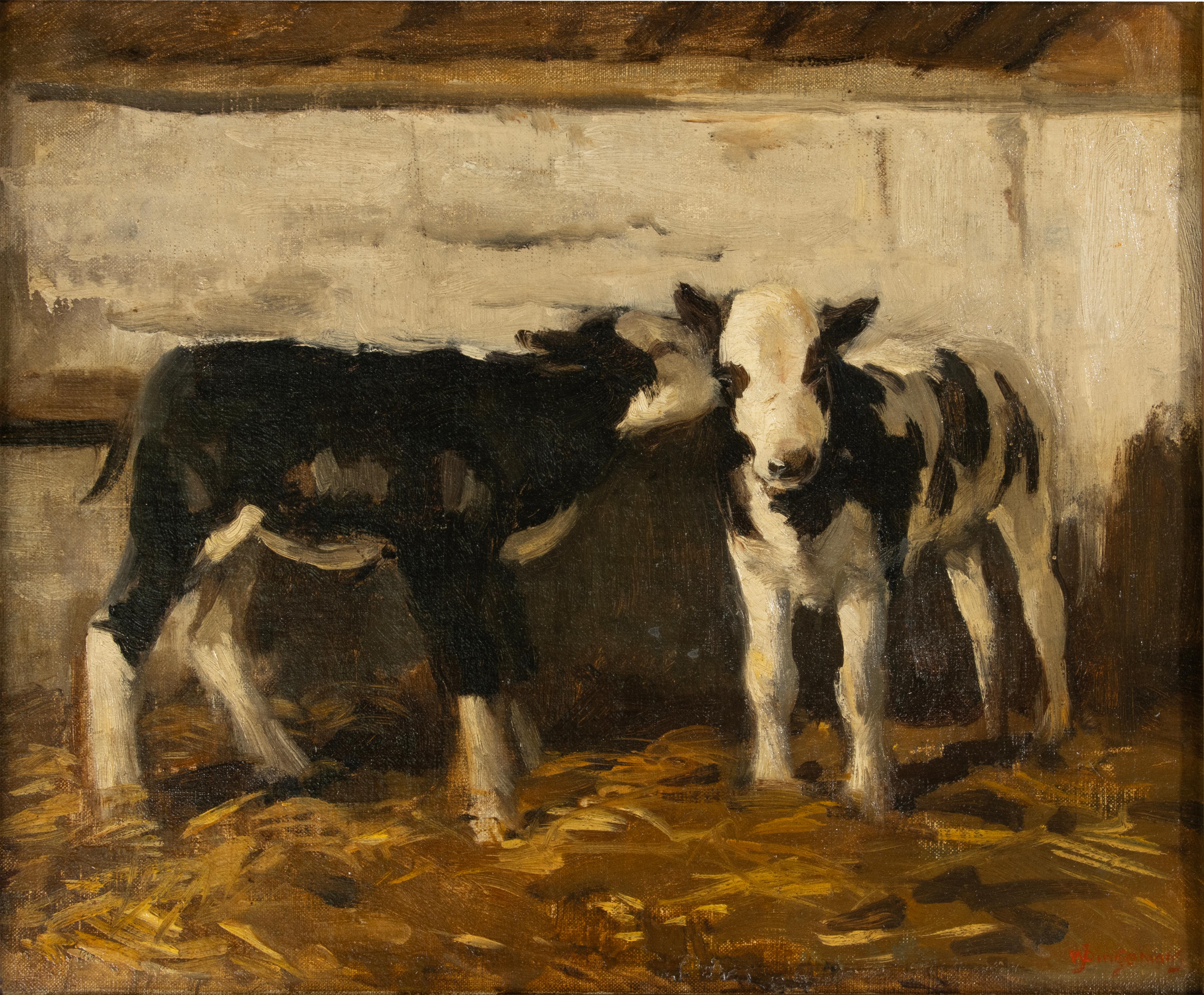 A beautiful antique painting, two calves in a stable, by the Dutch painter W.J. Dingemans.
The painting is beautifully painted, with a quick and clear touch. The painting is in good condition and is framed in a beautiful classic frame. There is some