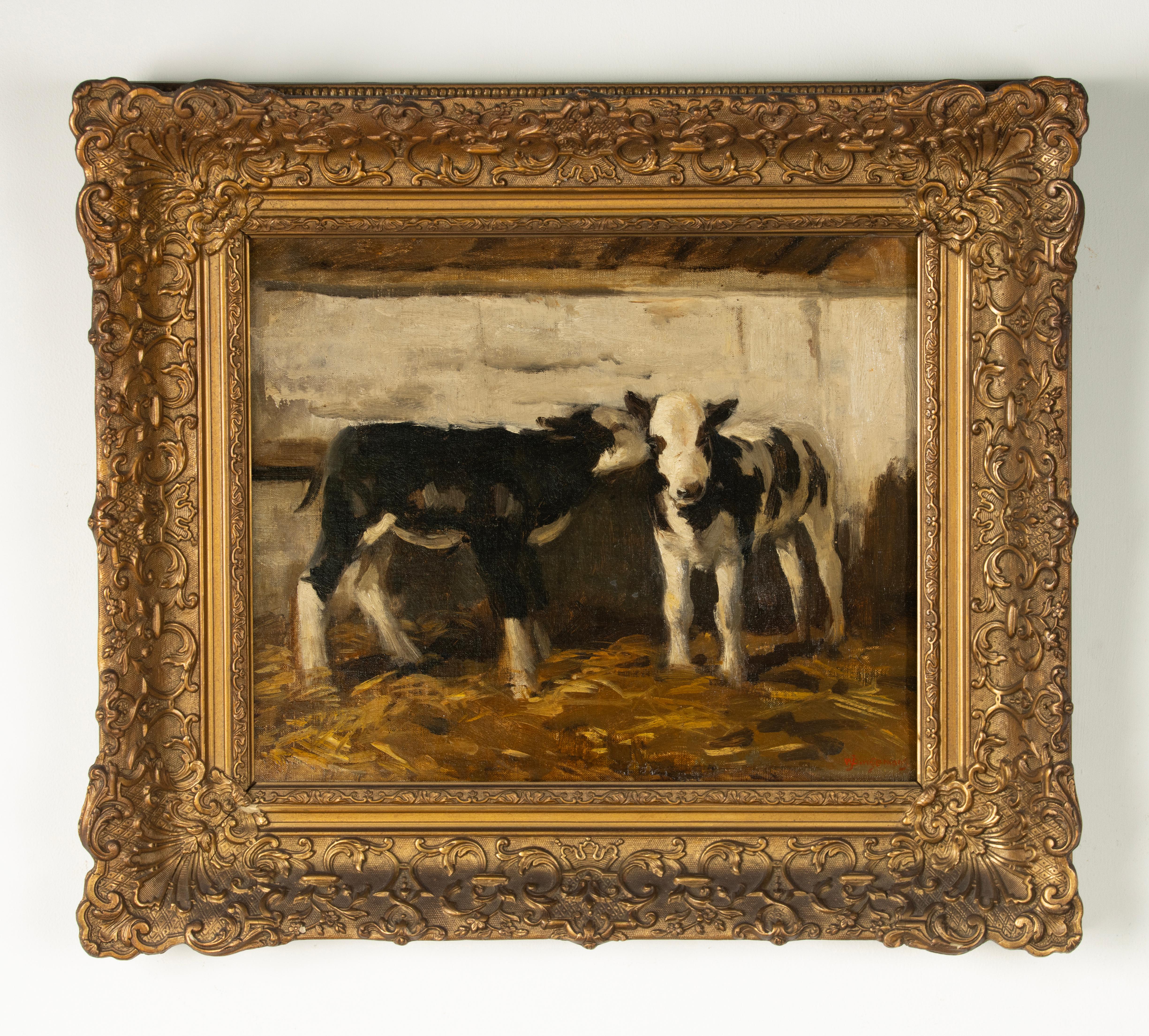 Dutch Antique Oil Painting - W.J. Dingemans - Calves in Stable