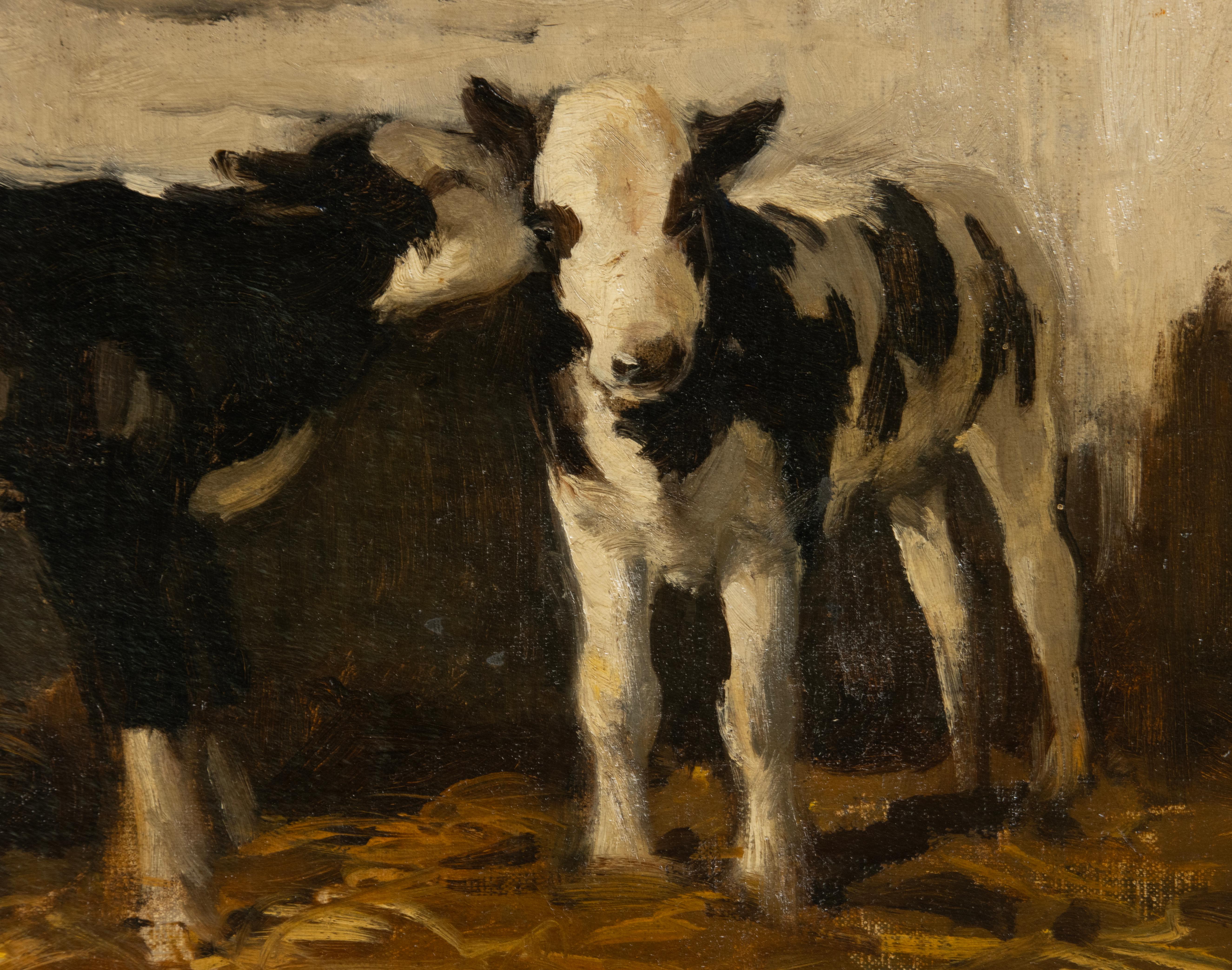 Hand-Painted Antique Oil Painting - W.J. Dingemans - Calves in Stable