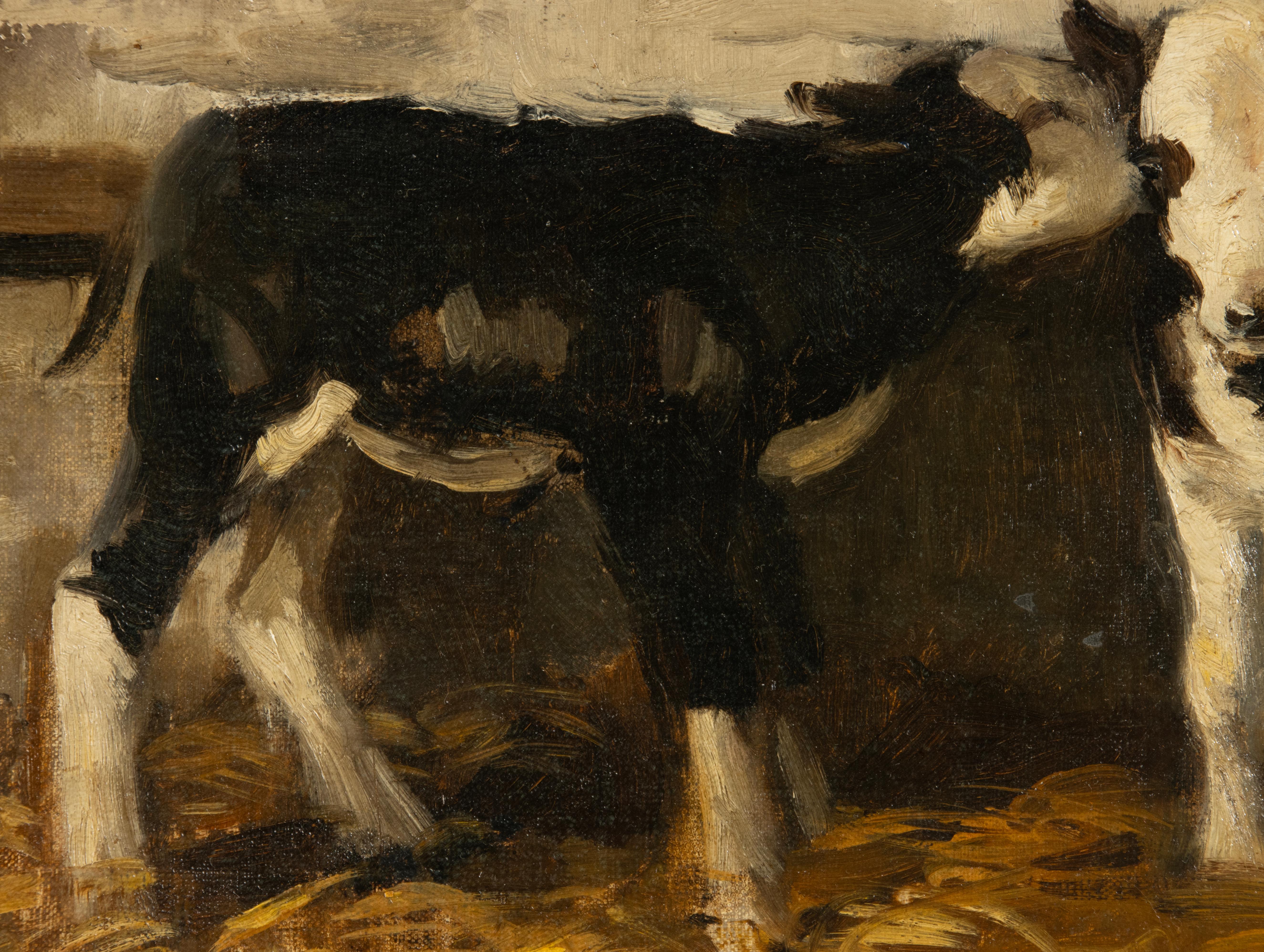 Canvas Antique Oil Painting - W.J. Dingemans - Calves in Stable