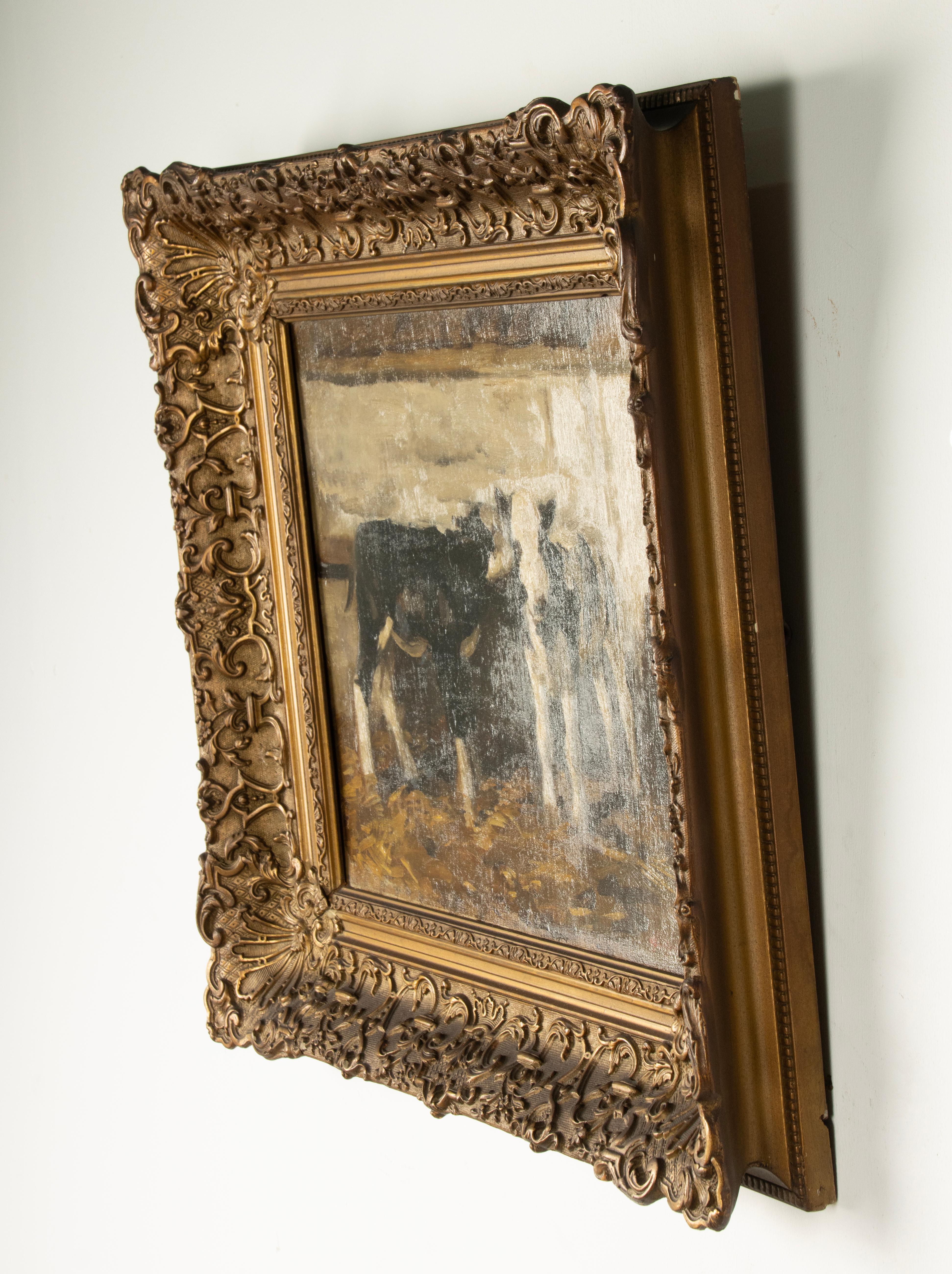 Antique Oil Painting - W.J. Dingemans - Calves in Stable 1