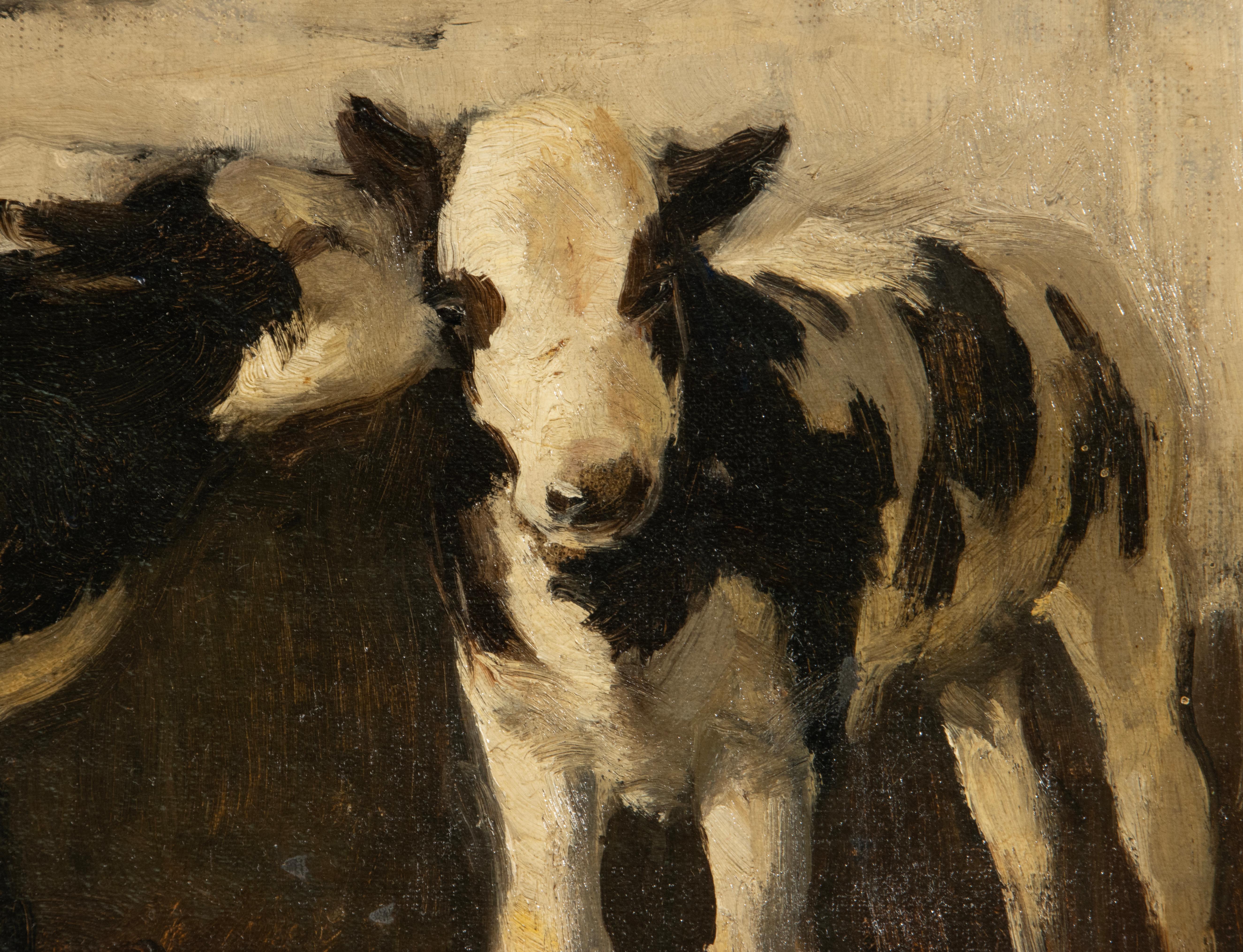Antique Oil Painting - W.J. Dingemans - Calves in Stable 2